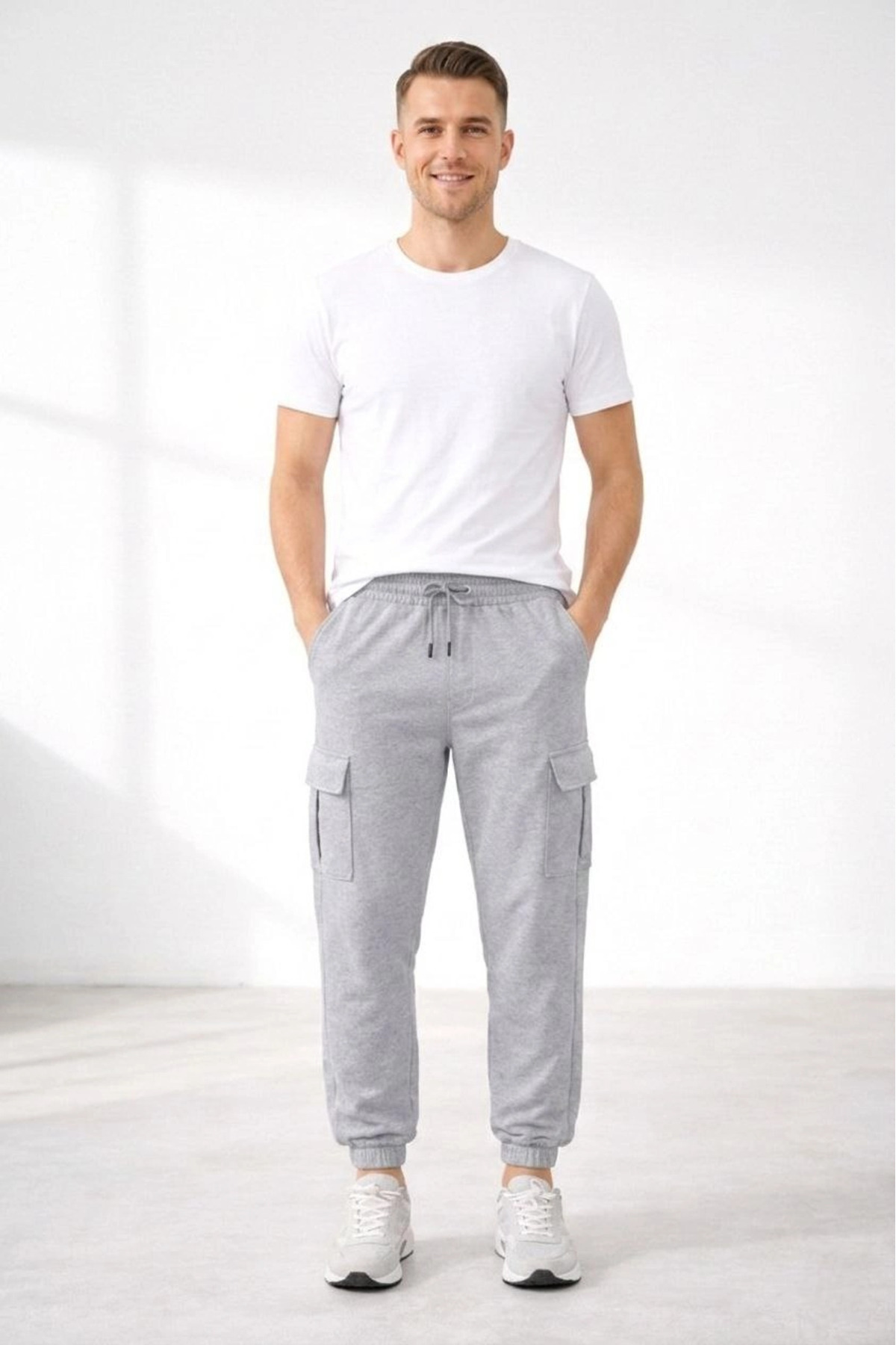 pilelistore Erkek Jogger Eşofman Altı Kargo Cepli Lastikli Paça Spor Pantolon - Gri fotoğrafı 2 (önizleme)