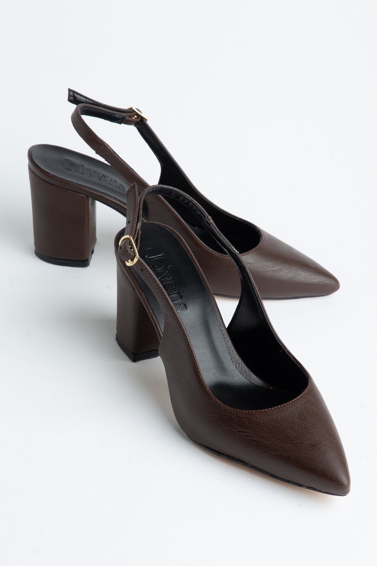 livens  VELORA Kadın Kahverengi Arkası Açık Bantlı Sivri Burun Kalın Topuklu Ayakkabı