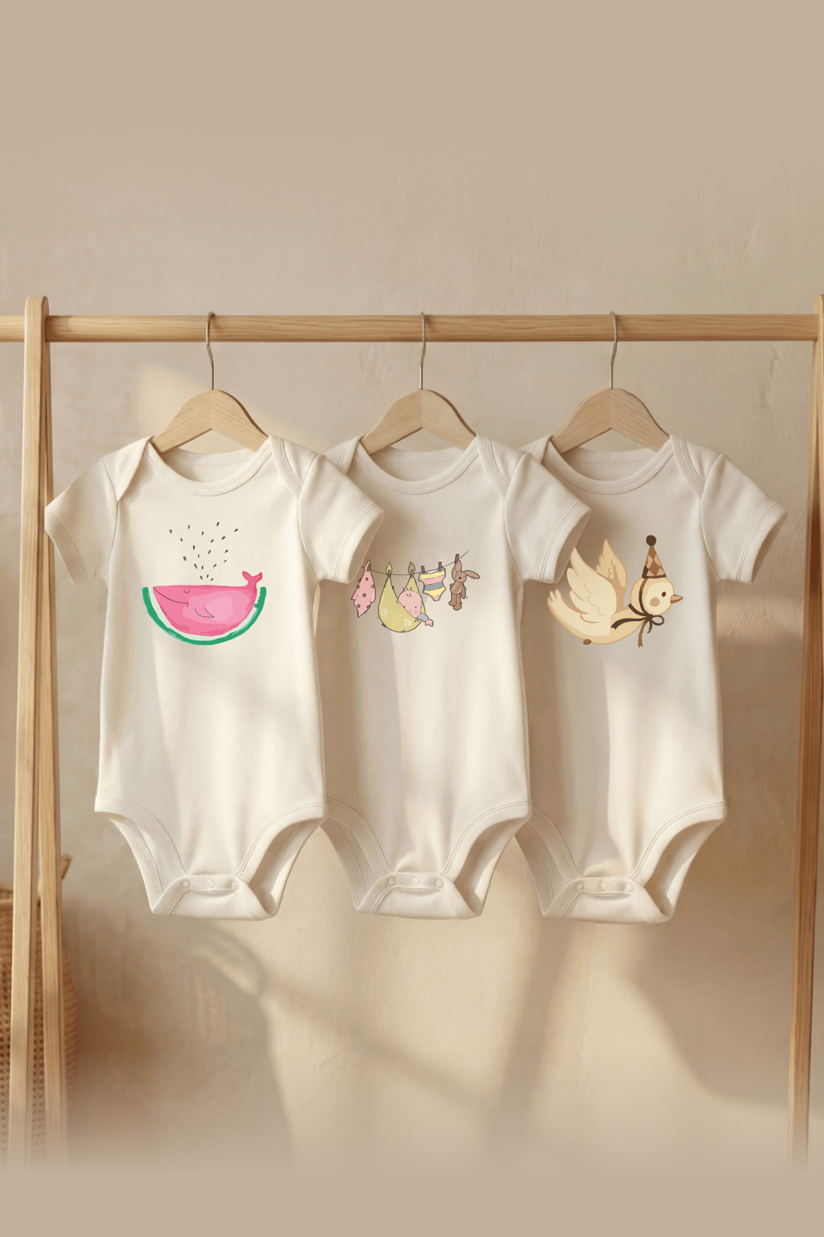 Organic 100% Cotton 3-Piece Set Whale And Bird Printed Short Sleeve Snap Fastener Baby Body Band Snapsuit