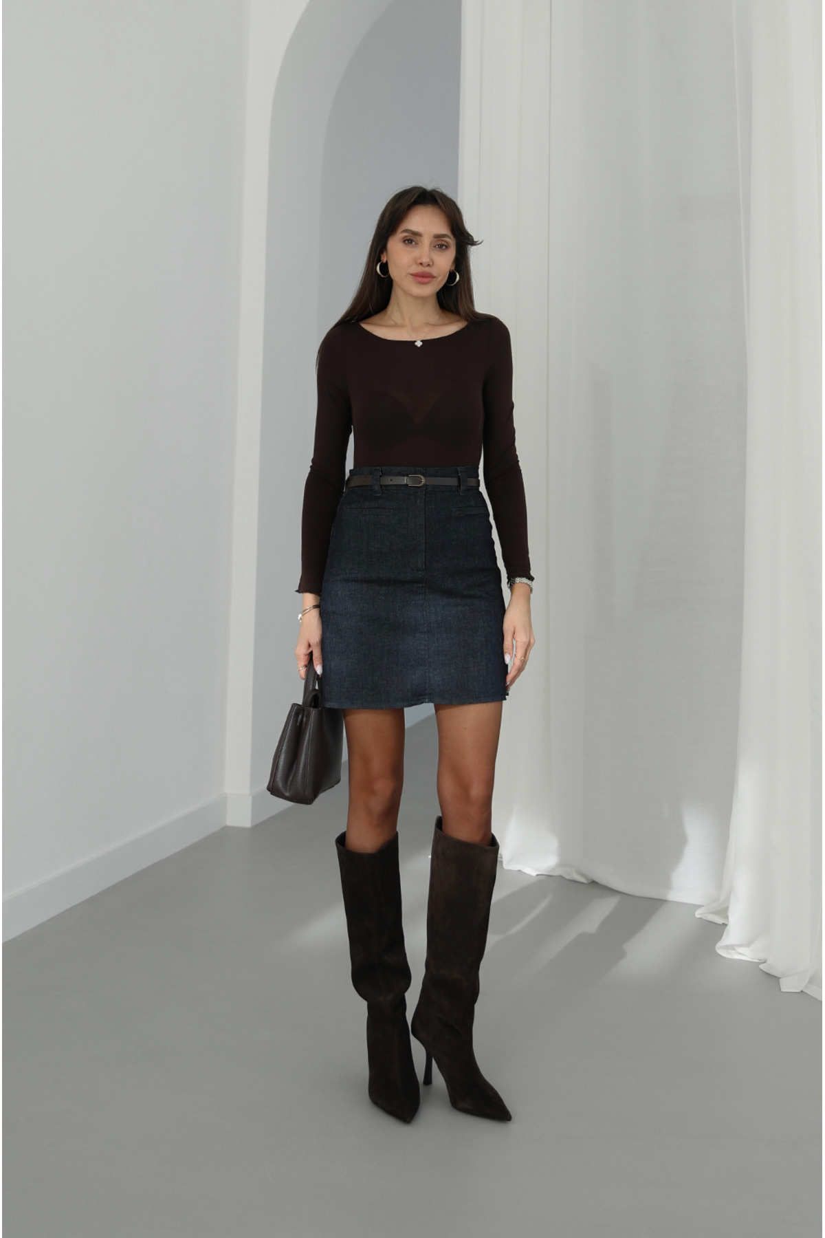 Havoş  Lacivert İnce Kemerli Denim Etek