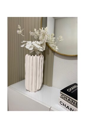 SERAMİK Bej & Beyaz SERRATE Dekoratif Vazo – Modern Ev Hediyesi