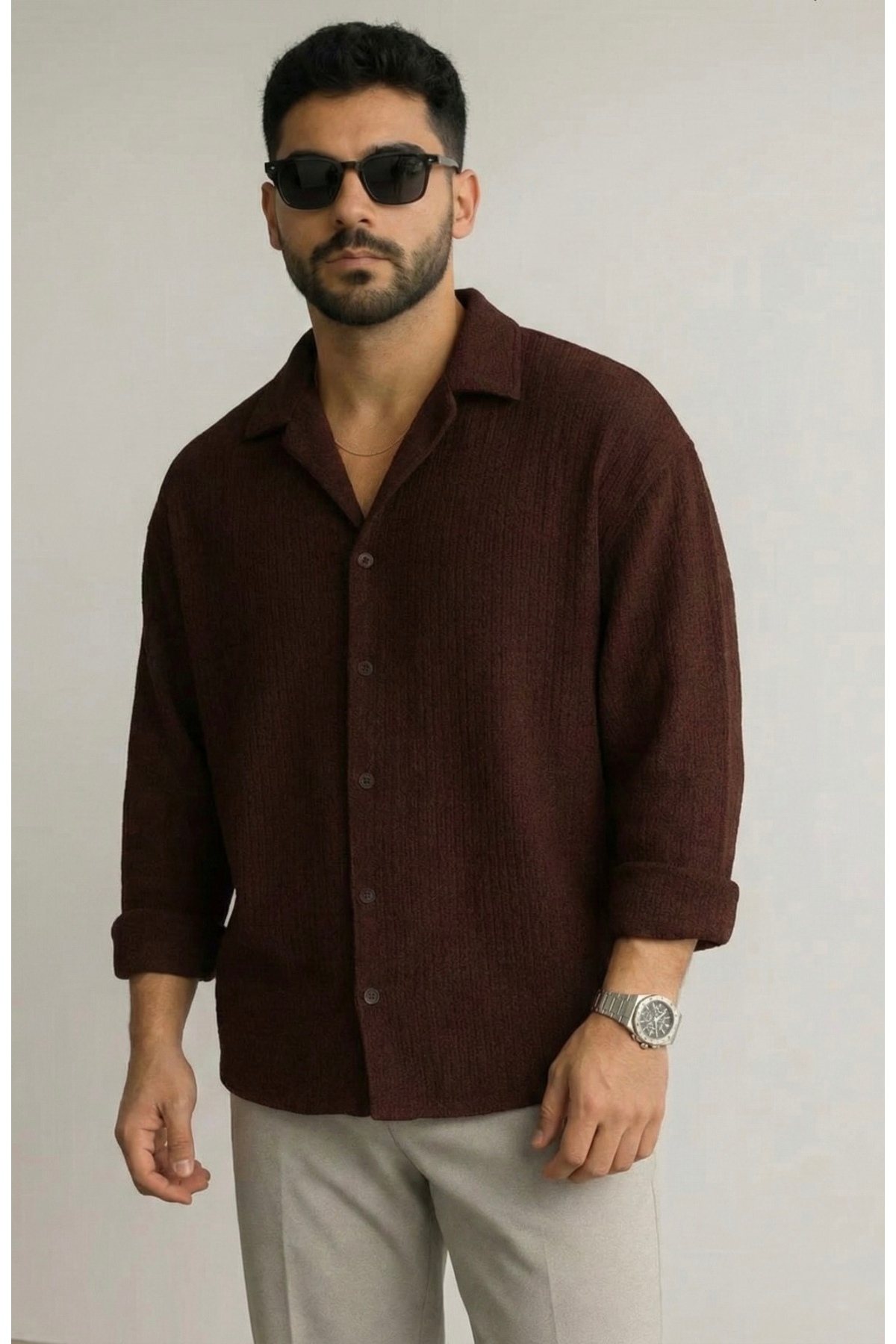 bb butik basic  Ütü gerektirmeyen oversize bürümcük kumaş gömlek KAHVERENGİ - Görsel 4