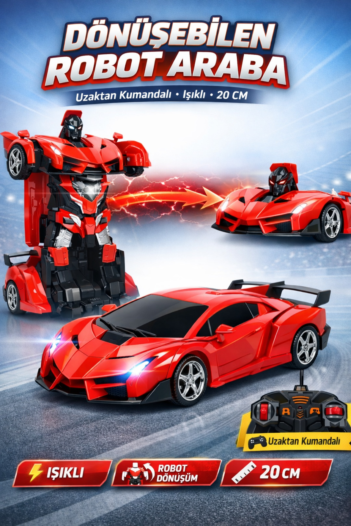 TRENDZONE Uzaktan Kumandalı Dönüşebilen Işıklı Robot Araba 20cm