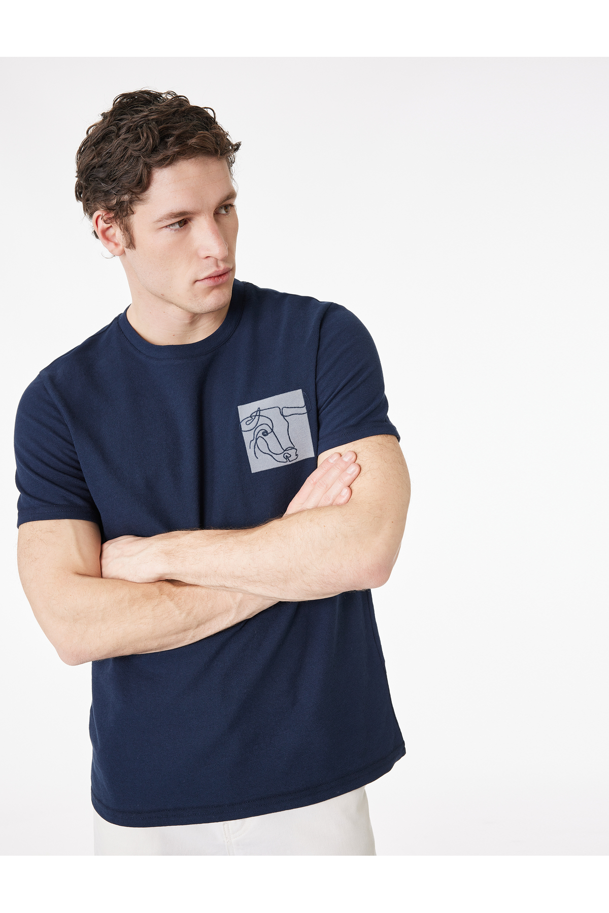 Koton Navy Regular Fit Short Sleeve Crew Neck Embroidered Cotton T-Shirt