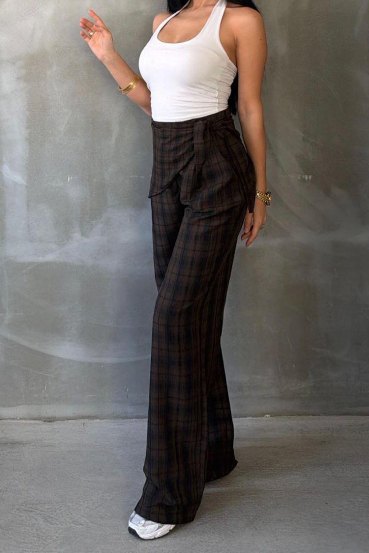 Moderk  BSK Fular Detaylı Ekoseli Tailored Fit Pantolon - Görsel 8