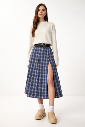 PINTORE Kadın Mavi Kemerli Kareli Kloş Dokuma Etek