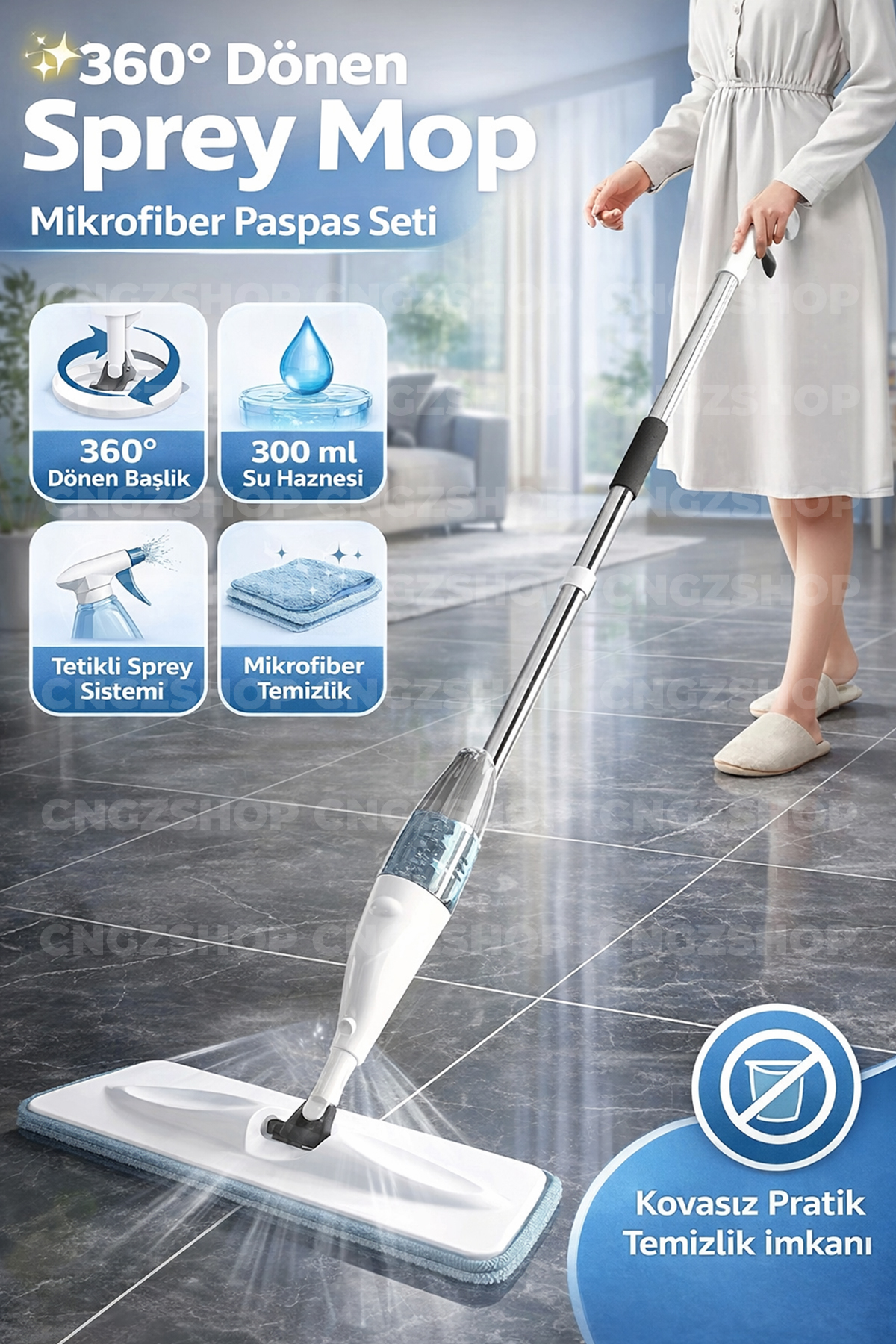 CNGZSHOP 360° Dönen Sprey Mop Mikrofiber Paspas Seti – Su Hazneli