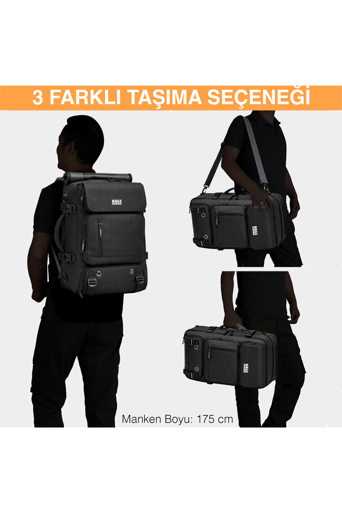 HAEGS  Seyahat Sırt Çantası, 3in1 Dönüştürülebilir Uçak Kabin Onaylı Çanta Kadın, Erkek için Koyu Gri - Görsel 7