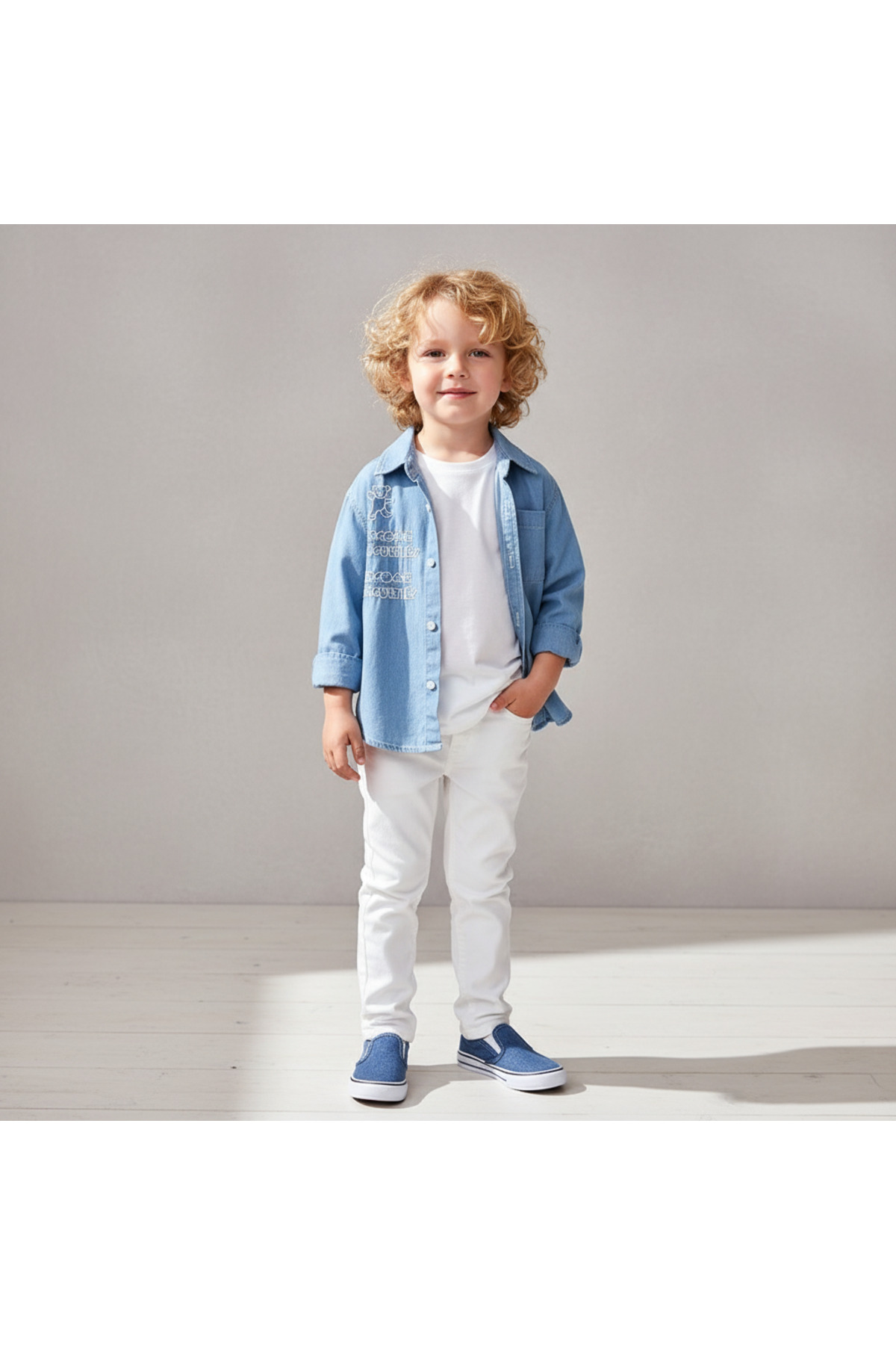 melisam.msg Kız Erkek Çocuk Ayı Nakışlı Denim Gömlek fotoğrafı 3 (önizleme)