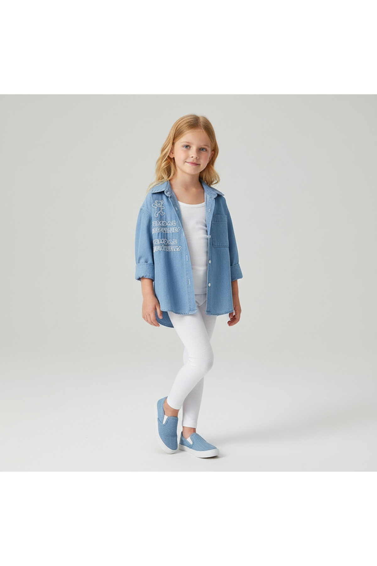 melisam.msg Kız Erkek Çocuk Ayı Nakışlı Denim Gömlek fotoğrafı 4 (önizleme)