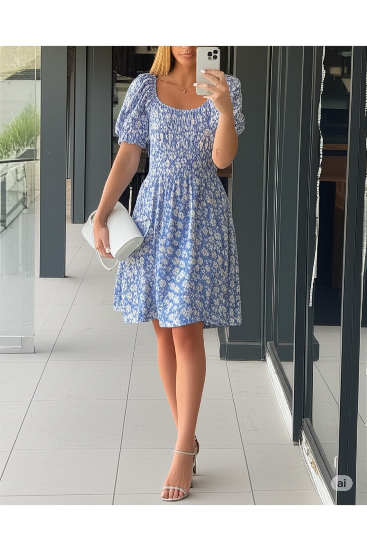Square Neck Watermelon Sleeve Gimped Floral Pattern Summer Dress