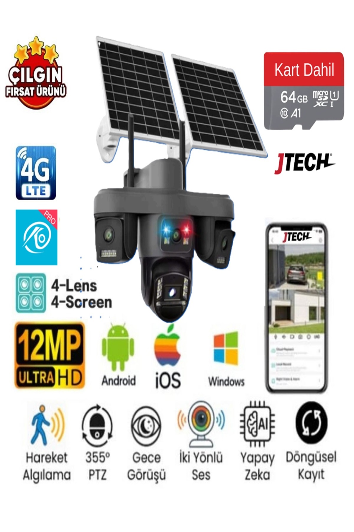jtech O-Kam Pro OK-335 PREMiUM 4G 12MP Sim Kartlı Solar Panelli Çakarlı 4 Lens 1 PTZ Akıllı Kamera - Fiyatı, Yorumları