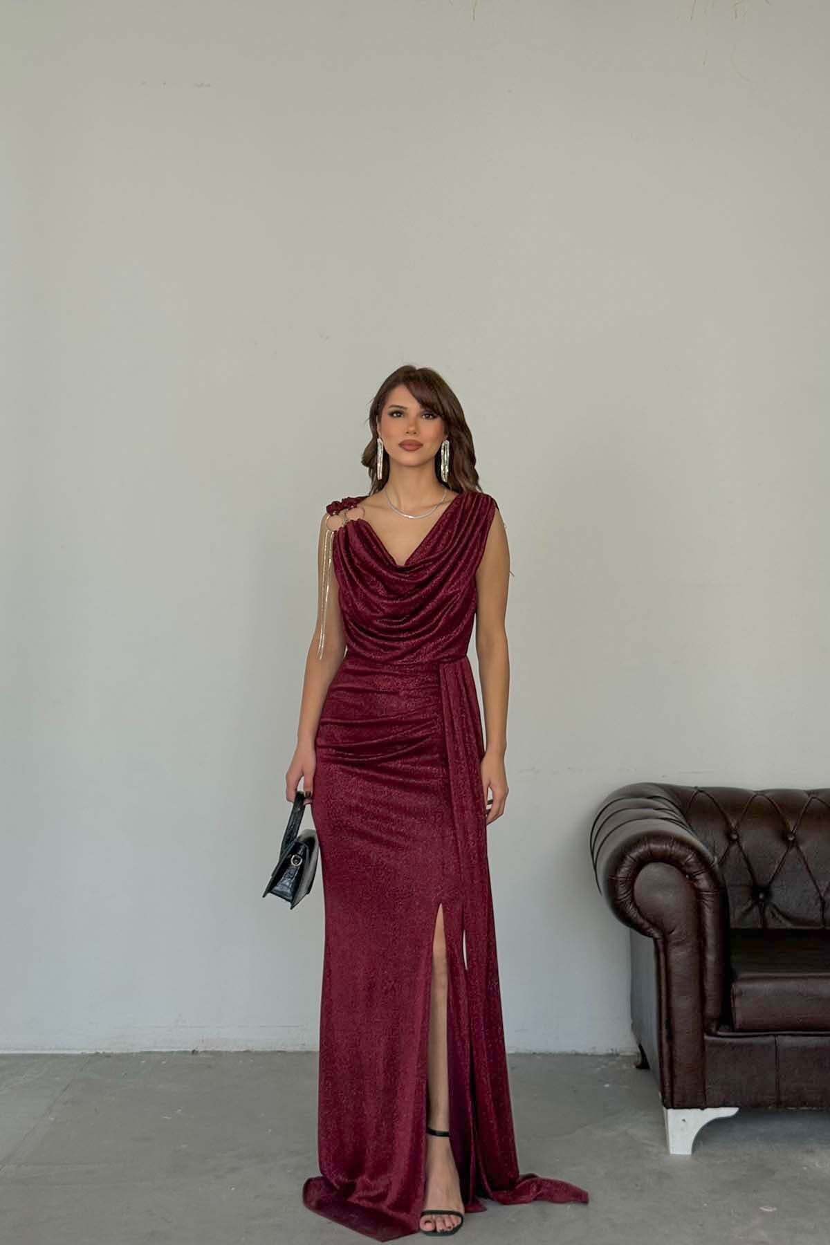 Women's Claret Red Shoulder Detailed Long Evening Dress | Stylish Invitation & Evening Dress MLB112