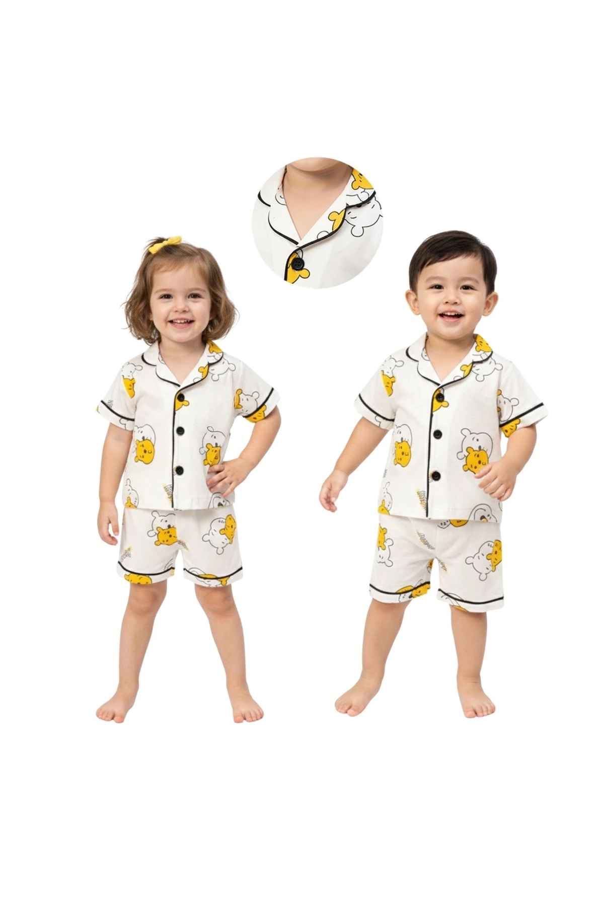 ALAMODECOR Sarı Ayı Desenli Kız & Erkek Çocuğu Düğmeli Pijama Takımı fotoğrafı 5 (önizleme)