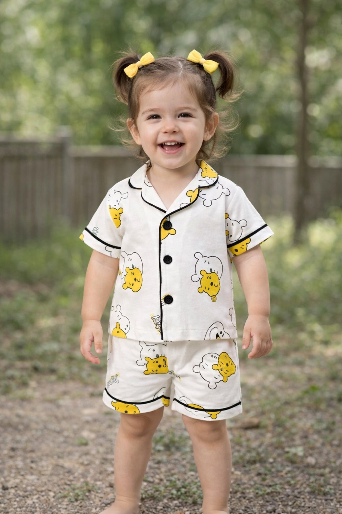 ALAMODECOR Sarı Ayı Desenli Kız & Erkek Çocuğu Düğmeli Pijama Takımı fotoğrafı 4 (önizleme)