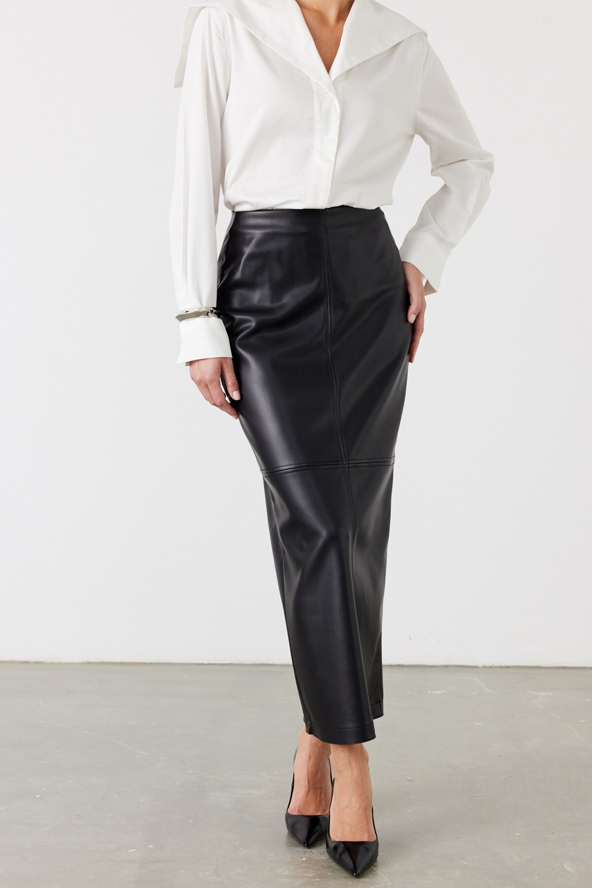 FACETTE  Suni Deri Midi Etek Siyah - Görsel 3