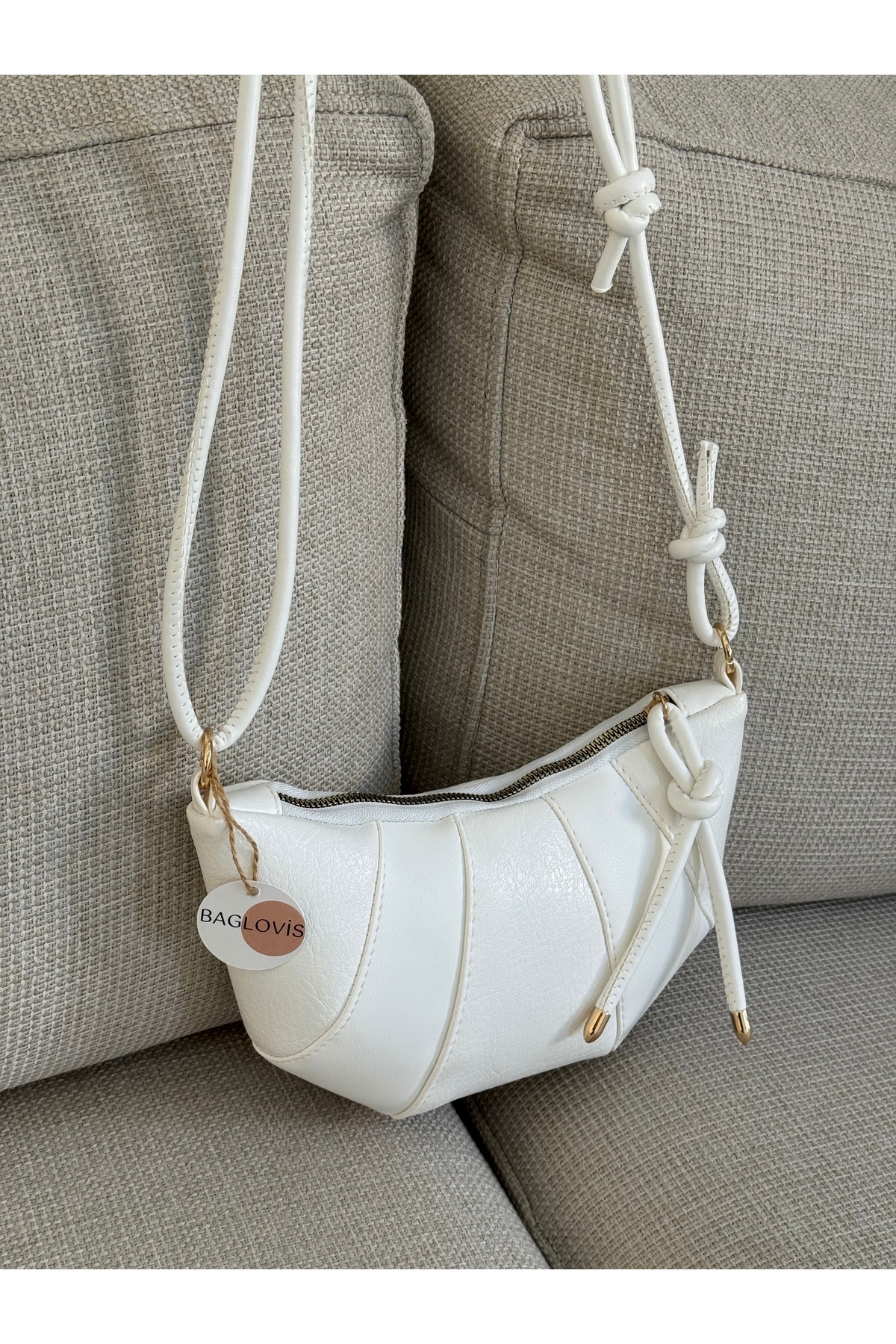 Women's White Knot Detailed Croissant Model Stylish Shoulder and Armpit Bag