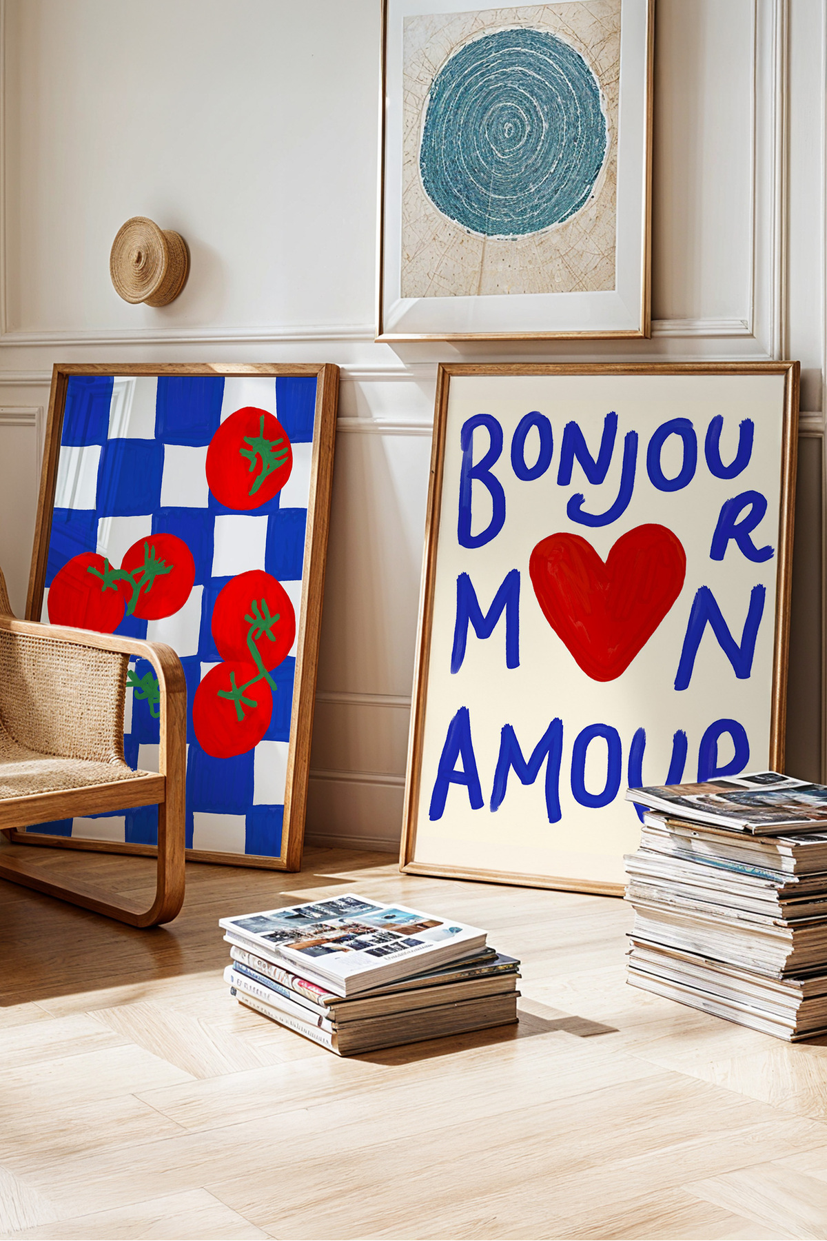 2'li Modern Mutfak Tablo Seti Domates Desenli ve Bonjour Mon Amour Poster Çerçevesiz