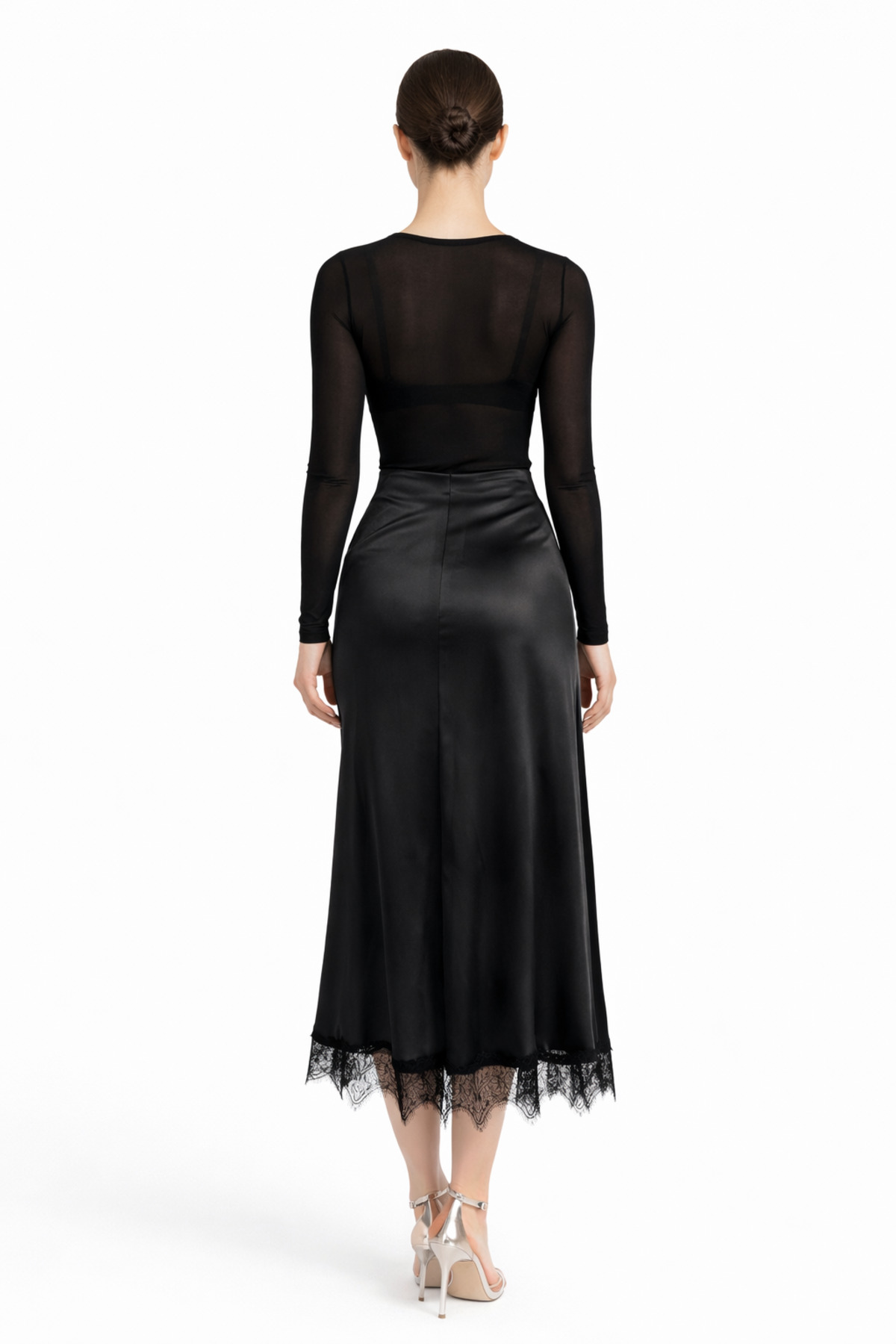 SİROZZİ  Kadın Siyah Saten Etek Dantel Detaylı Midi Boy Şık ve Zarif Saten Etek - Görsel 3