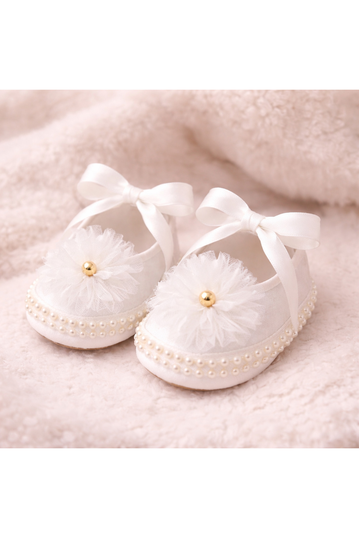 BEBEXO KIDS Kız Bebek Bilekten Bağlamalı İncili Patik Tüllü Beyaz Ayakkabı 18-19 Numara 0-6 Ay fotoğrafı 2 (önizleme)