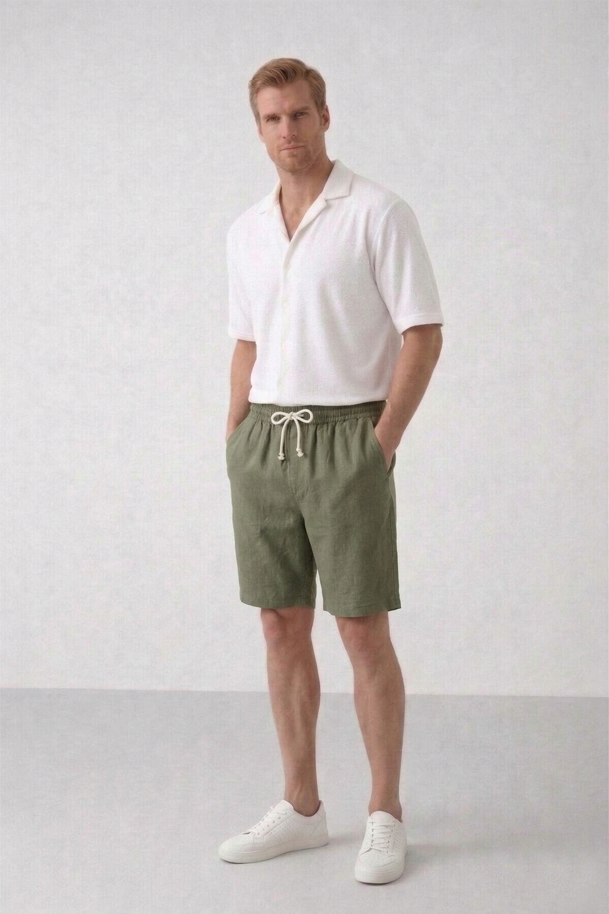OXVİN  Erkek Haki Müslin Keten Şort %100 Pamuk Arka Cepli Tam Kalıp - Görsel 6