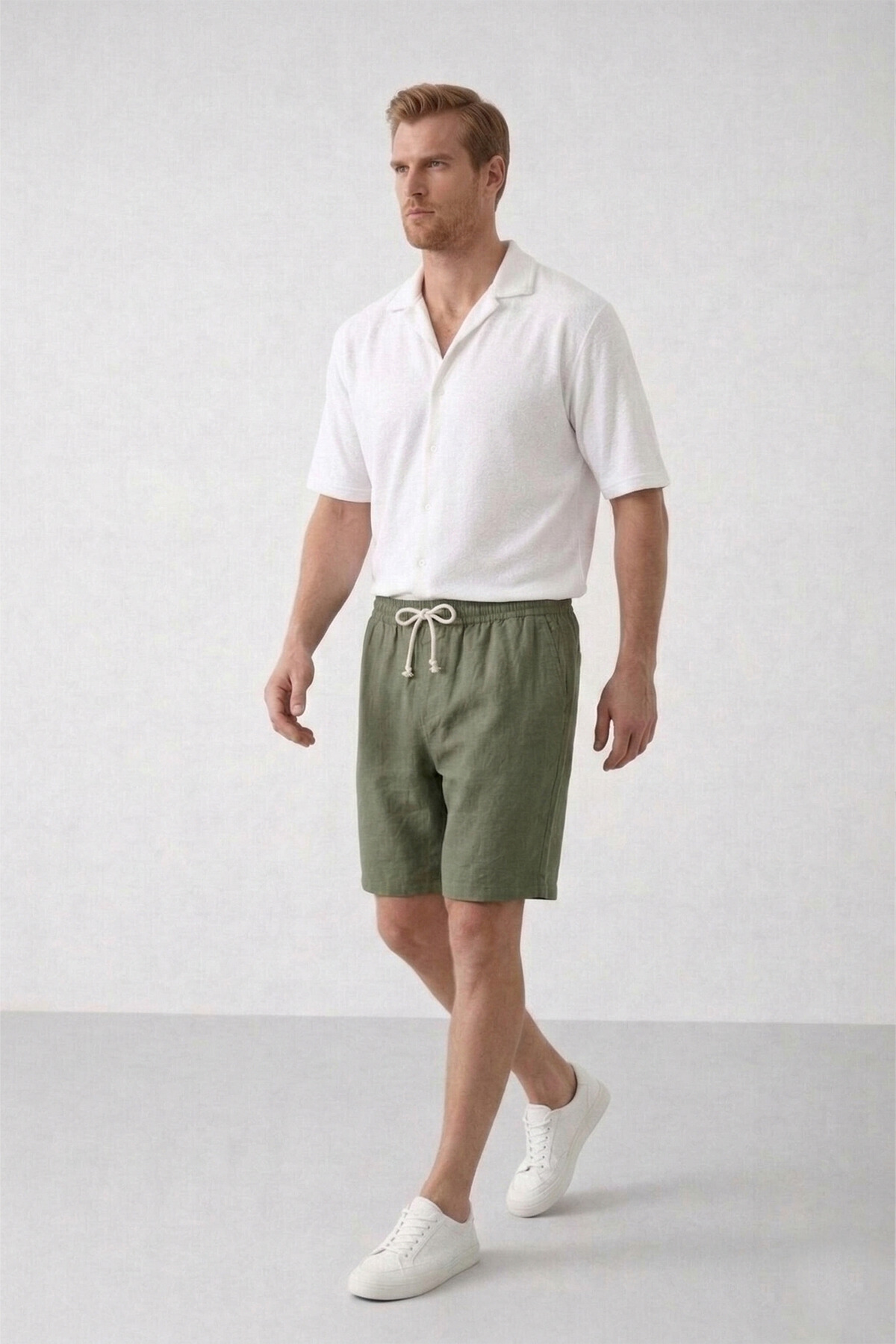 OXVİN  Erkek Haki Müslin Keten Şort %100 Pamuk Arka Cepli Tam Kalıp - Görsel 4