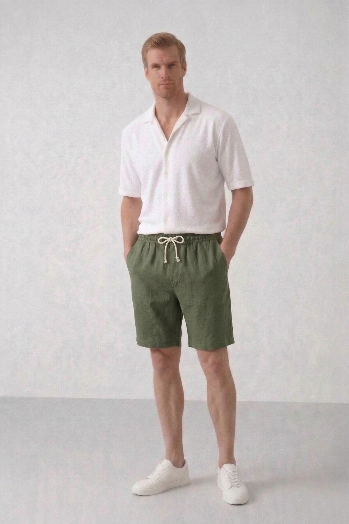 OXVİN  Erkek Haki Müslin Keten Şort %100 Pamuk Arka Cepli Tam Kalıp - Görsel 5