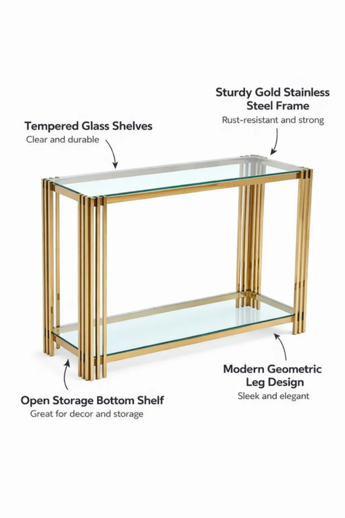طاولة كونسول زجاجية عصرية بإطار معدني ذهبي