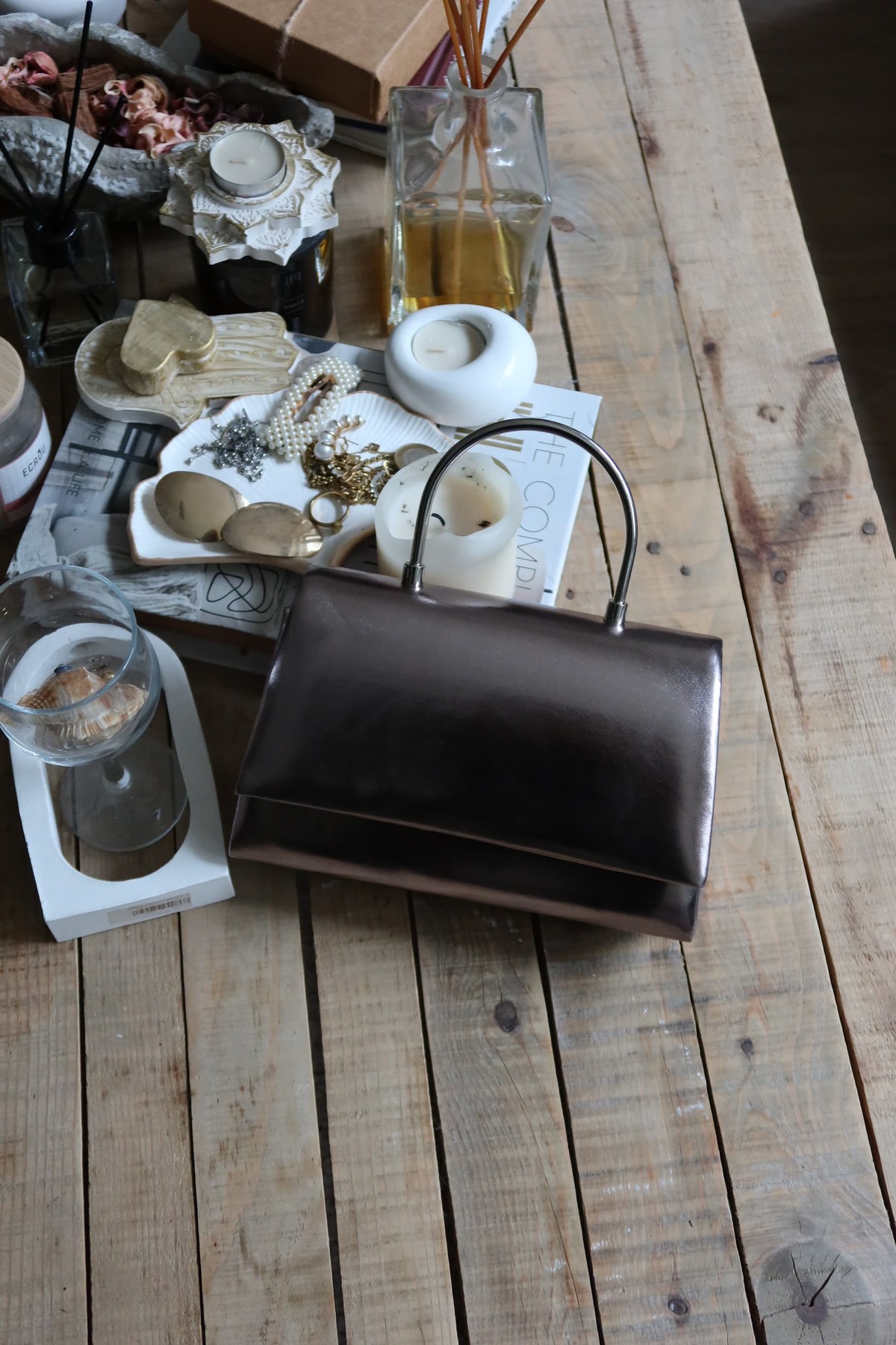 Women's Platinum Leather Hand & Shoulder Bag with Metal Handle Detail