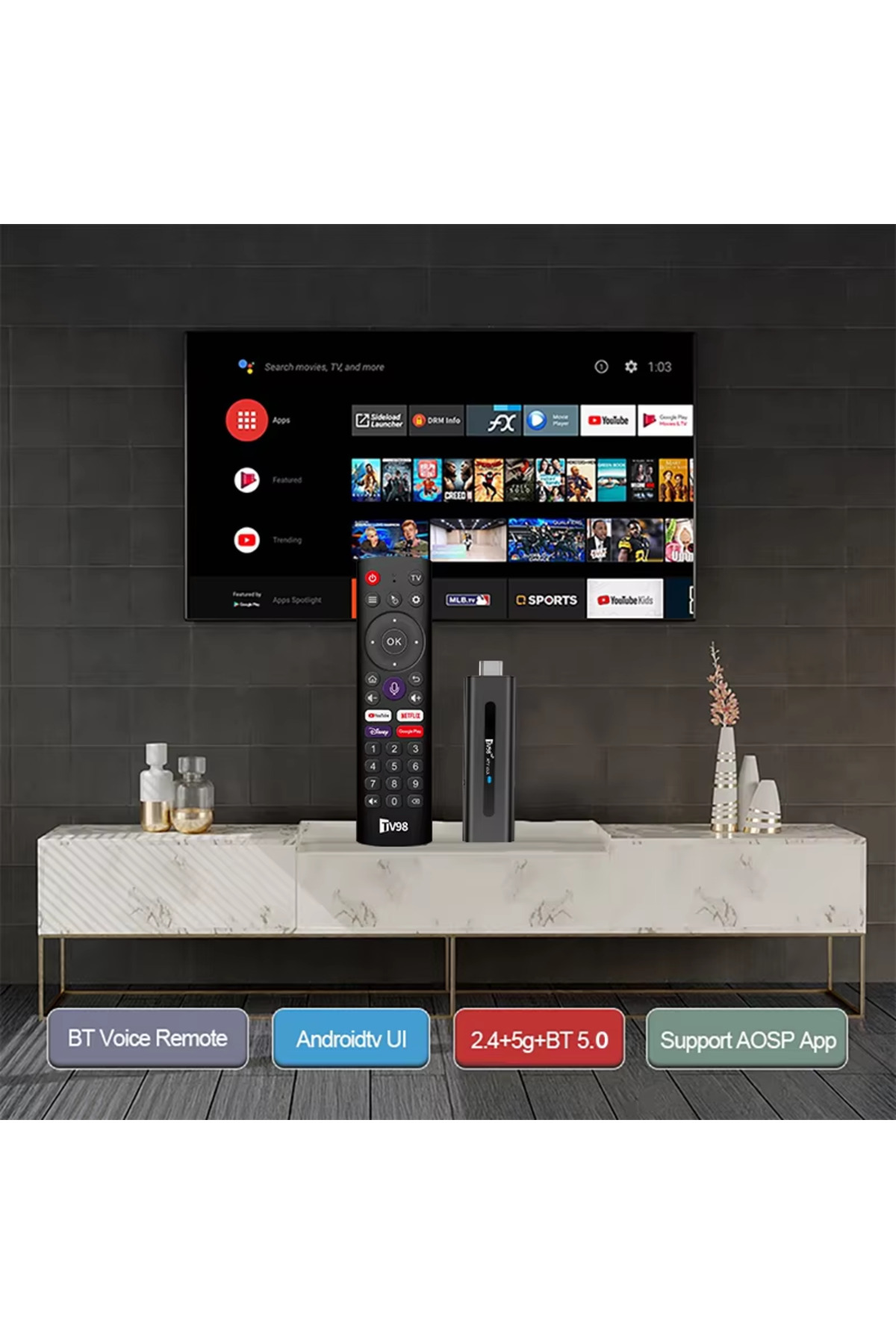 TV98 4K Ultra HD Android Smart TV Stick - Wifi Taşınabilir Medya Oynatıcı Medya Box