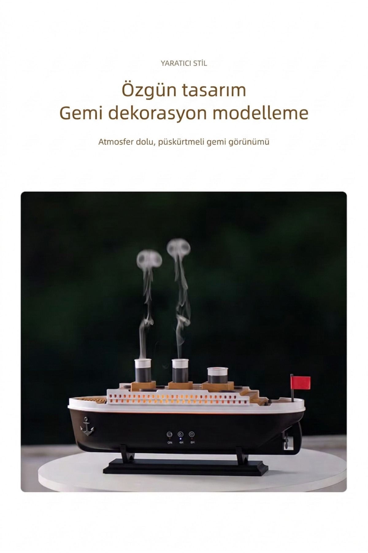 Gemi Vapur Tasarımlı Volkanik Hava Nemlendirici ve Aromaterapi Difüzörü - 250ml Gece Lambalı
