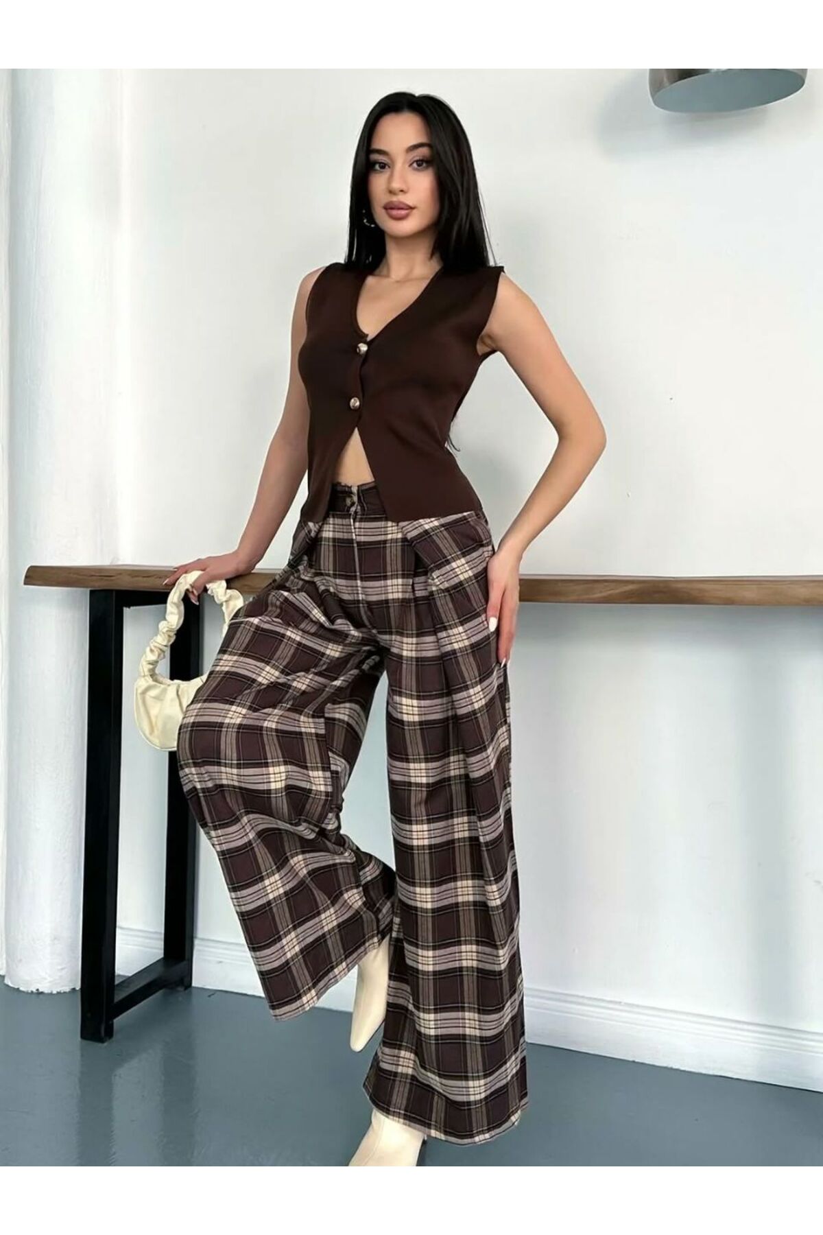 Nes Moda Pliseli Ekose Desenli Pantolon görsel 2