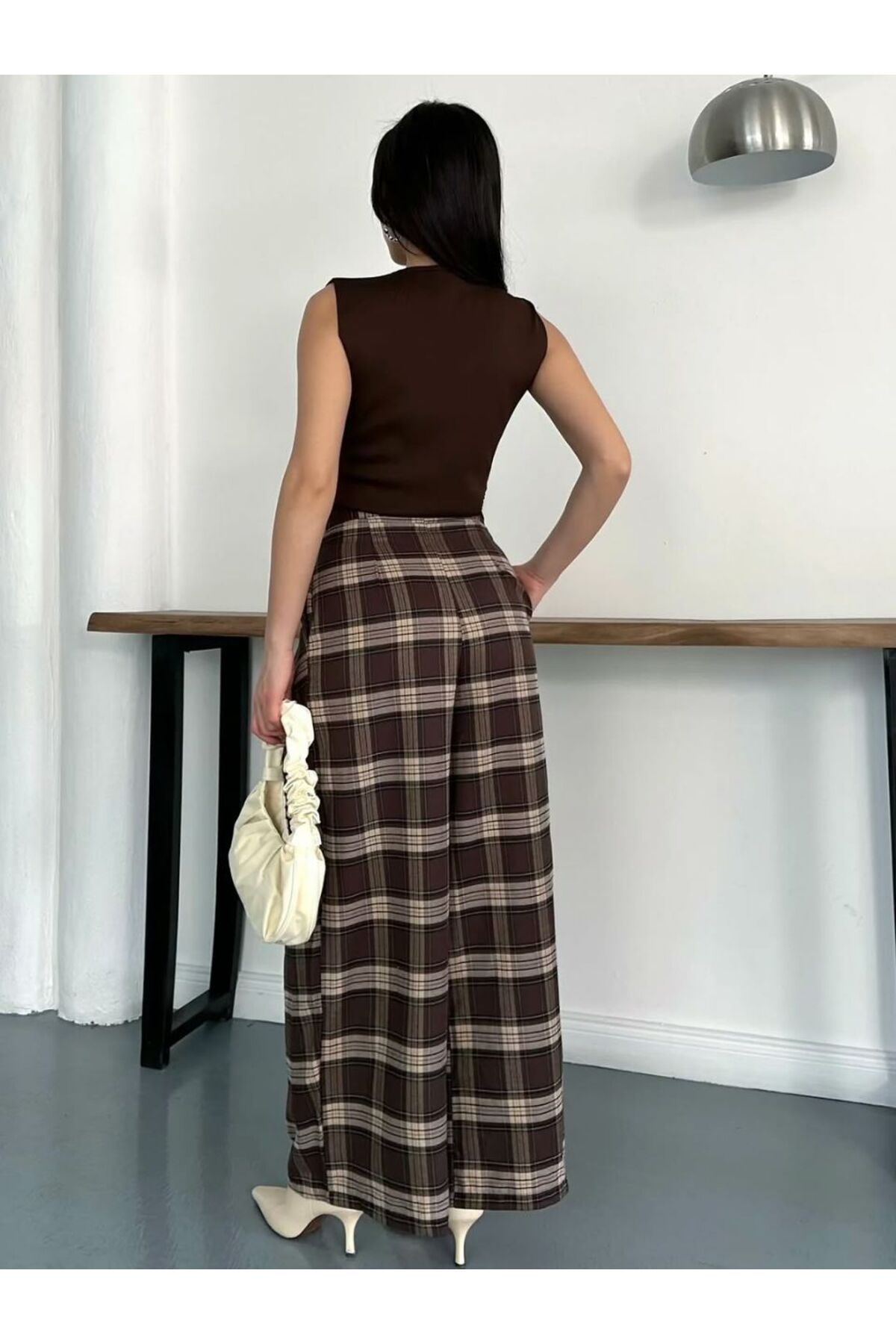 Nes Moda Pliseli Ekose Desenli Pantolon görsel 4