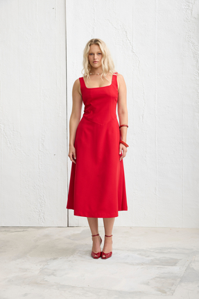 LUOKK MORINA Kare Yaka Midi Elbise Kırmızı