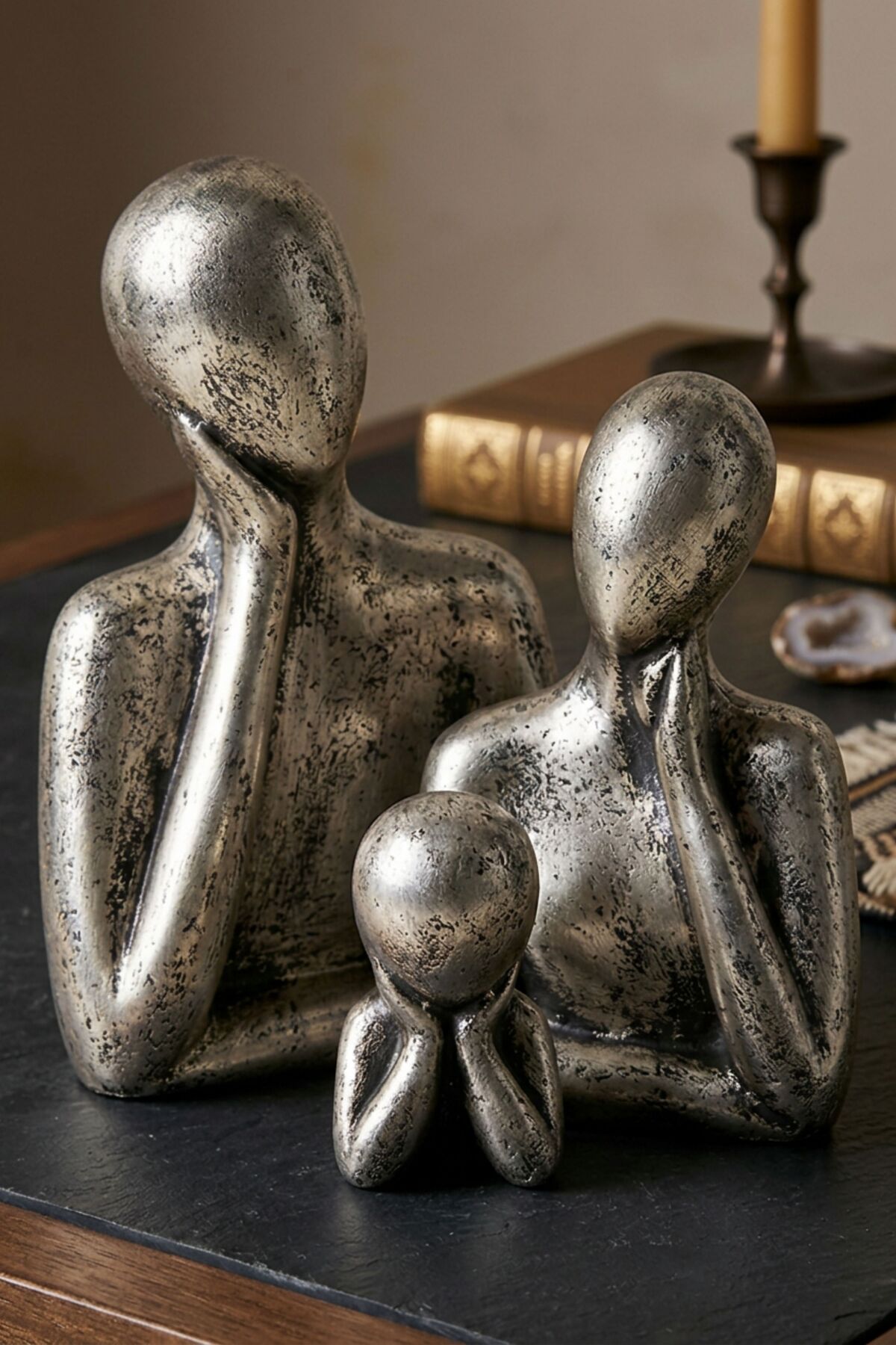 Trinket Sculpture Thinking Human Silhouette Sculpture Set Silver Antiquated Color Model 12