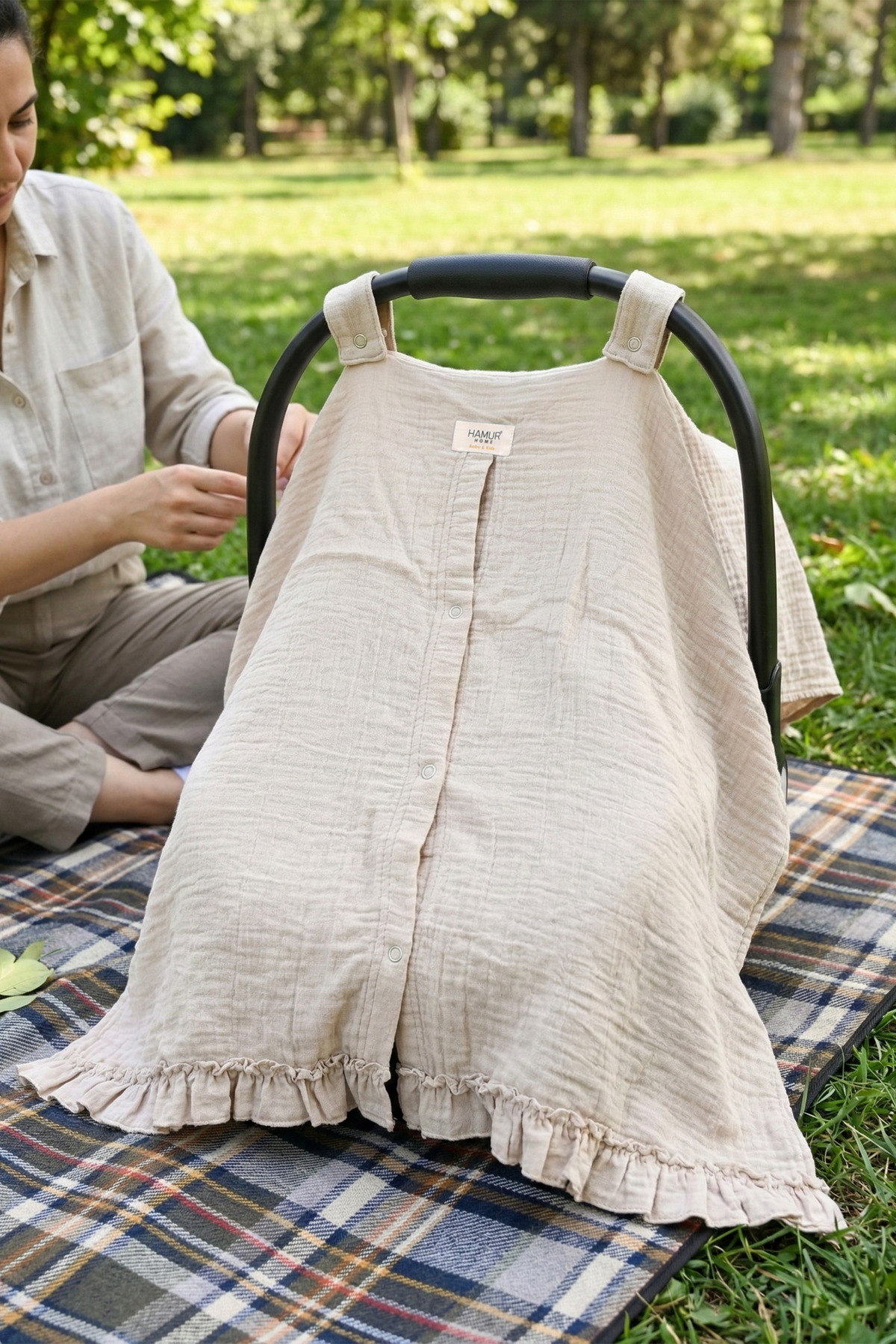 HAMUR Çift Katlı Müslin Yenidoğan Puset Örtüsü %100 Pamuk Fırfırlı Bebek Arabası Güneşlik Bej fotoğrafı 3 (önizleme)