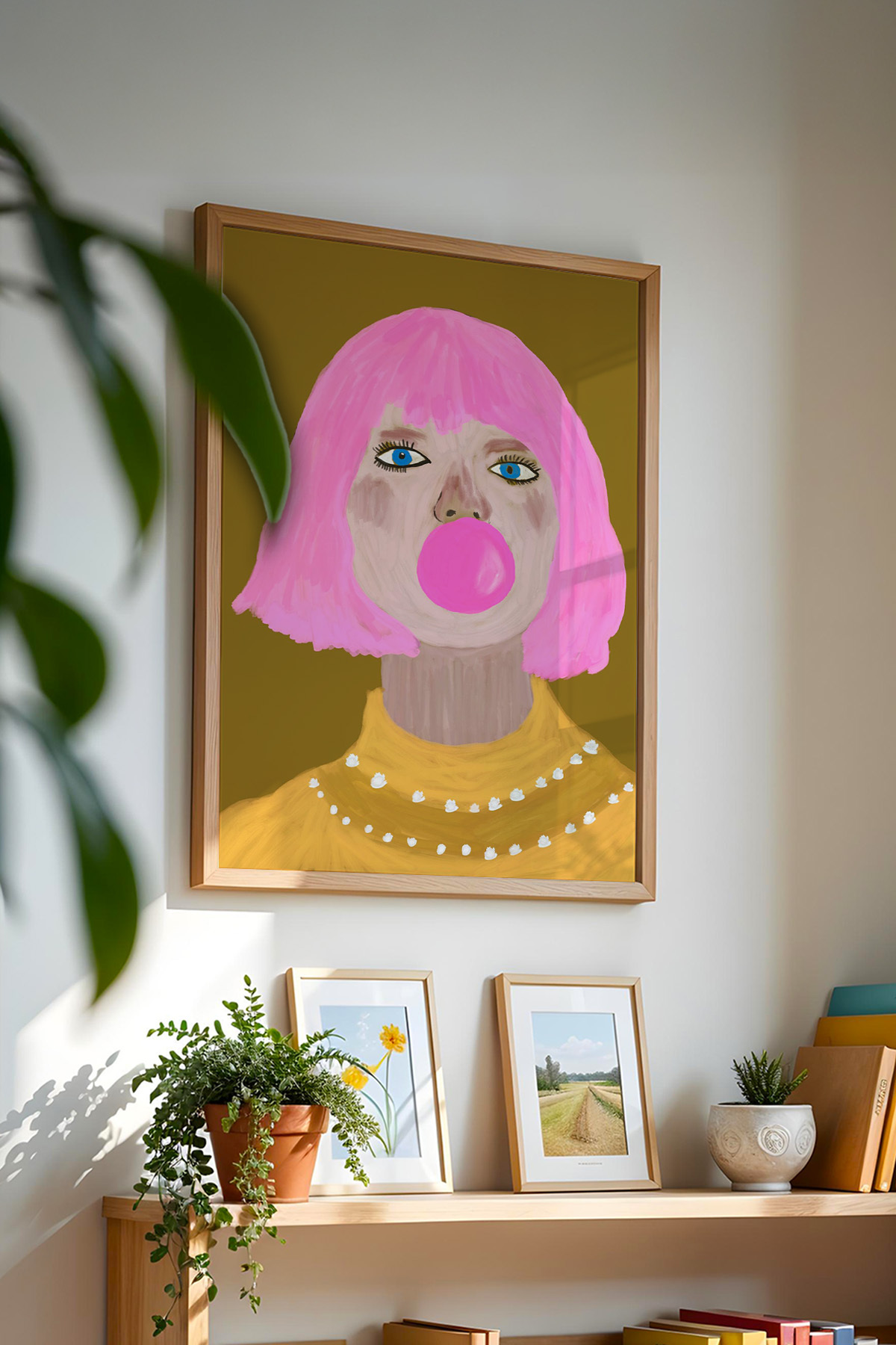 Kadın Pop Art Tablo Sakız Balonlu Modern Poster Duvar Dekoru Çerçevesiz