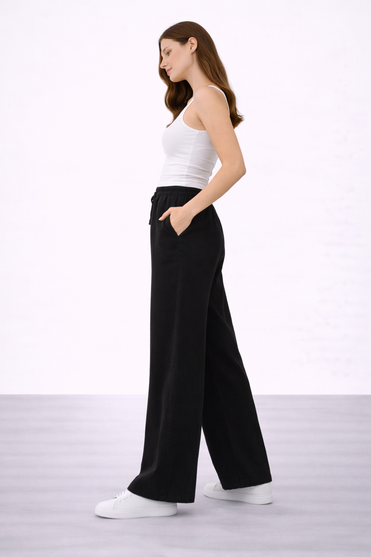 İDOL GİYİM  Kadın Tensel Kumaş Rahat Kesim Geniş Paça Pantolon Lastikli Bel Günlük Şık Model - Görsel 2