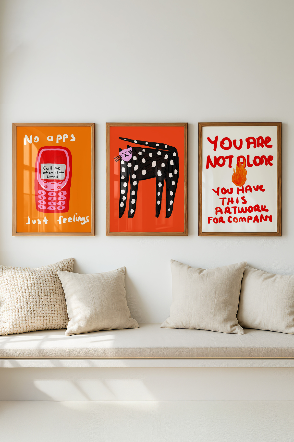 3’lü Modern Tablo Poster Seti Kedi İllüstrasyon Yazılı Pop Art Duvar Dekoru Çerçevesiz