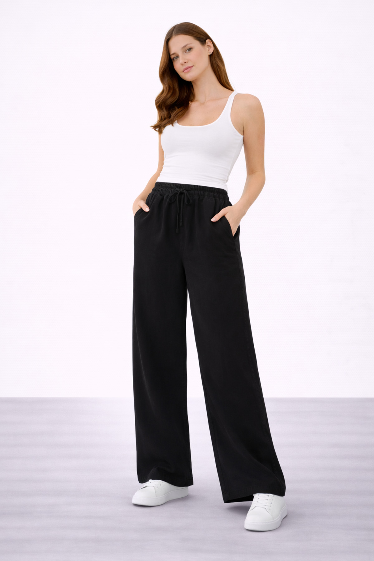 İDOL GİYİM  Kadın Tensel Kumaş Rahat Kesim Geniş Paça Pantolon Lastikli Bel Günlük Şık Model