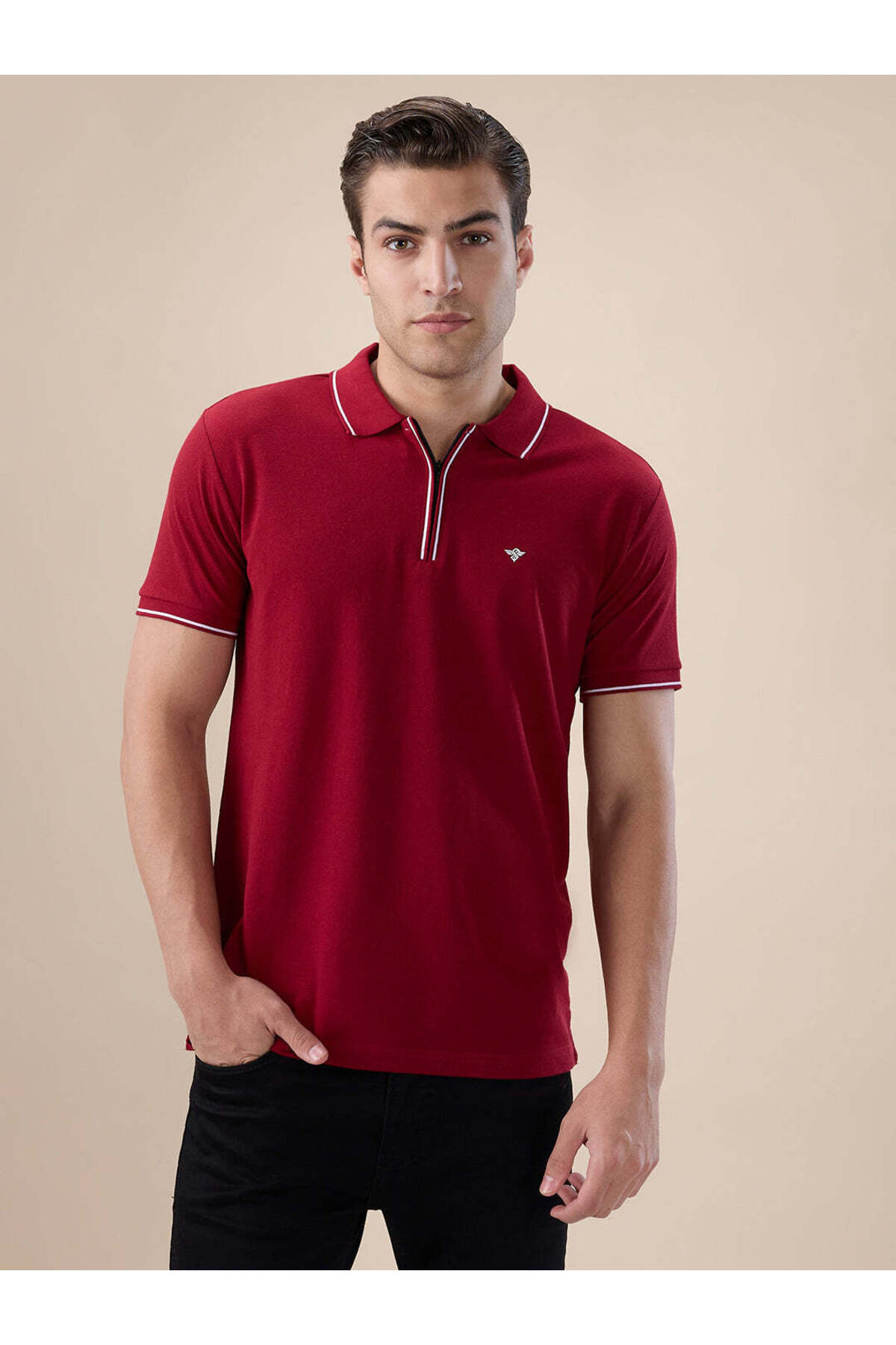 Generic Solid Brand Logo Zipper Closure Regular Fit Polo T-shirt