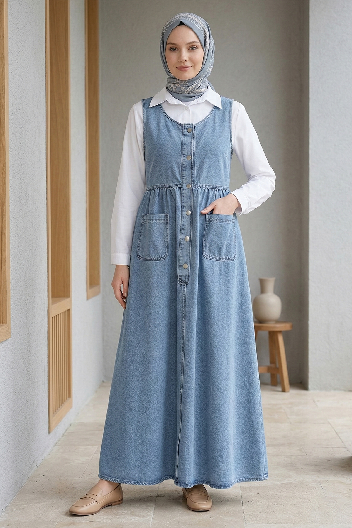 Women's Buttoned Double Pocket Denim Gilet - Ice Blue