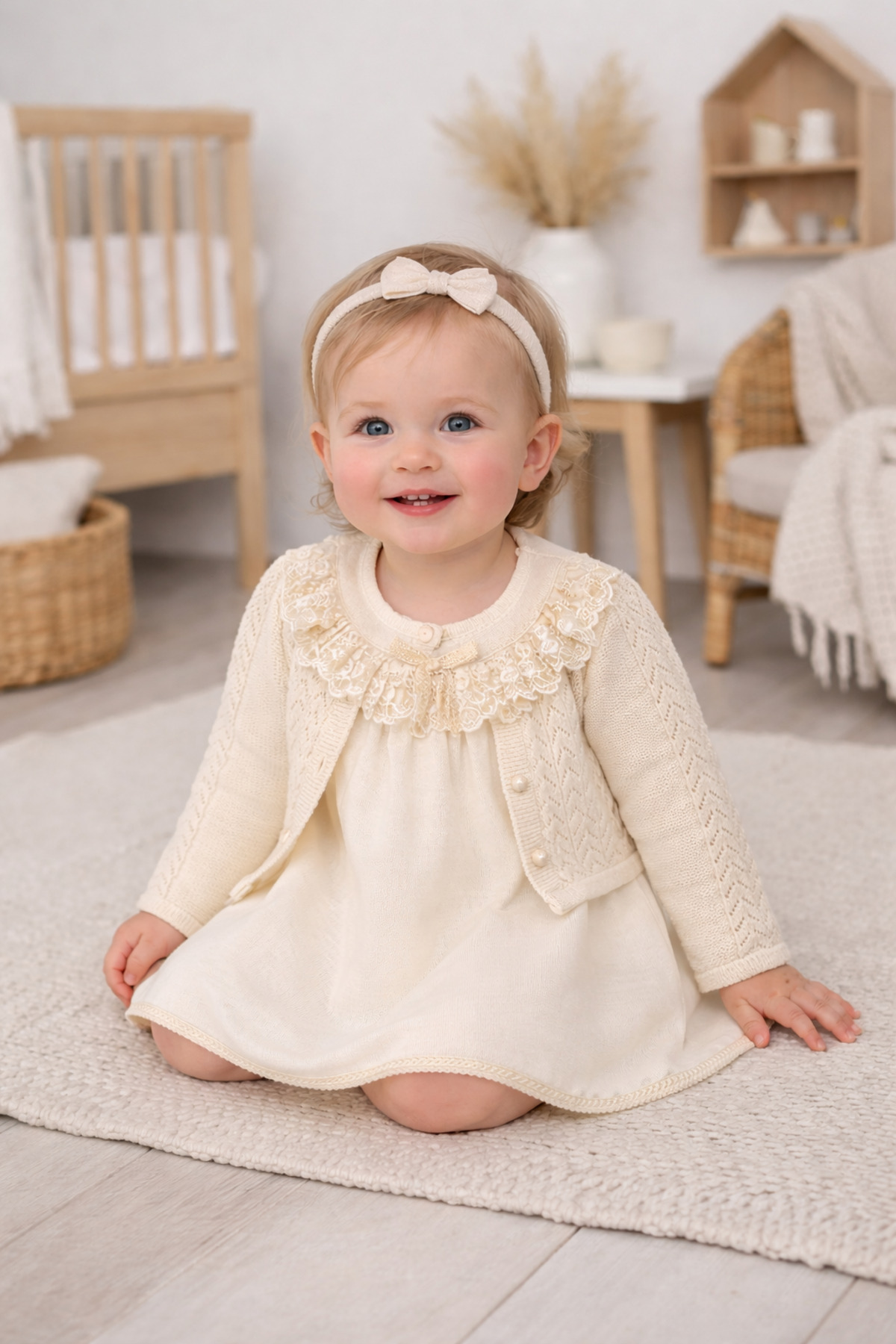 limebabies NOYNOY KIZ BEBEK 9-24 AY ROBA DANTEL DETAYLI ELBİSELİ BOLEROLU TAKIM fotoğrafı 2 (önizleme)