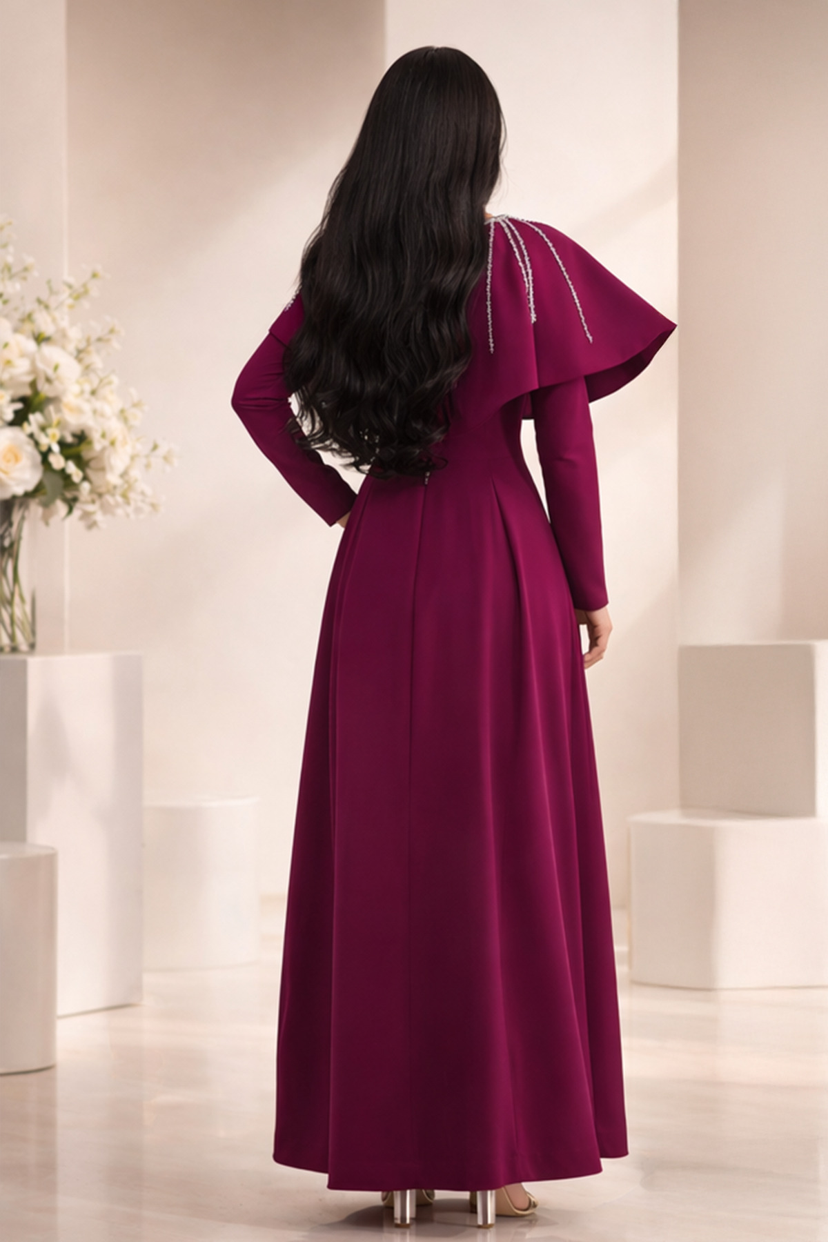 فستان تركي عنابي طويل بقصة مطرزة على الكتف