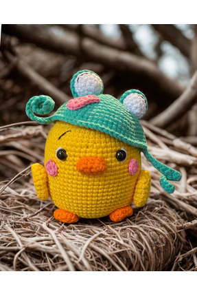 HeraLuxe %100 Organik El Örgüsü Kurbağa Şapkalı Civciv Oyuncak Amigurumi