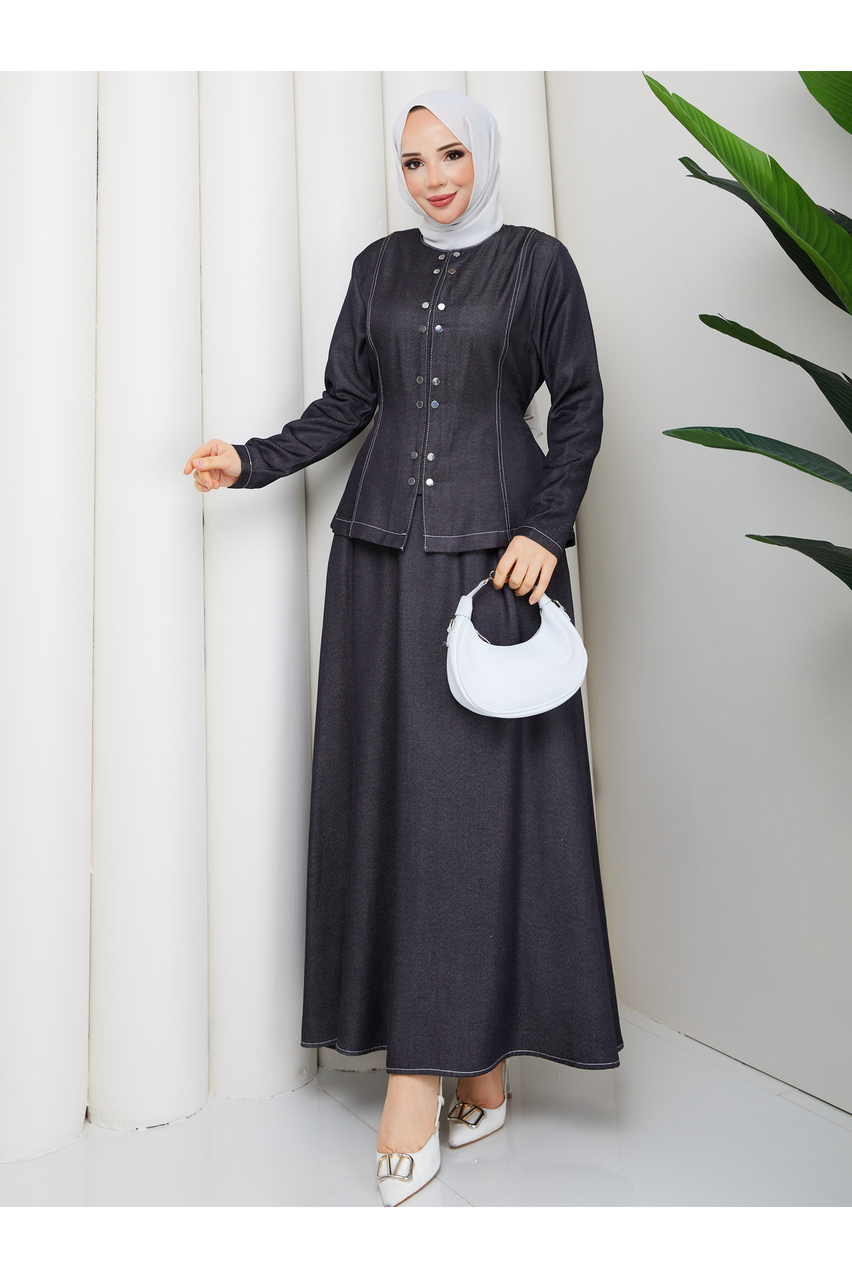 Denim Jeans Snap Fastener Shirt & Pocket Skirt Hijab Set RC9026
