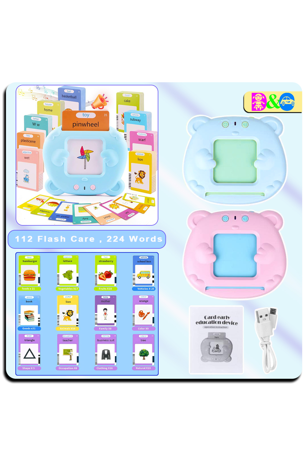 Generic Konuşan Flash Kart İngilizce Öğrenme Oyuncağı 224 Kelime – 112 Kart - Mavi fotoğrafı 7 (önizleme)