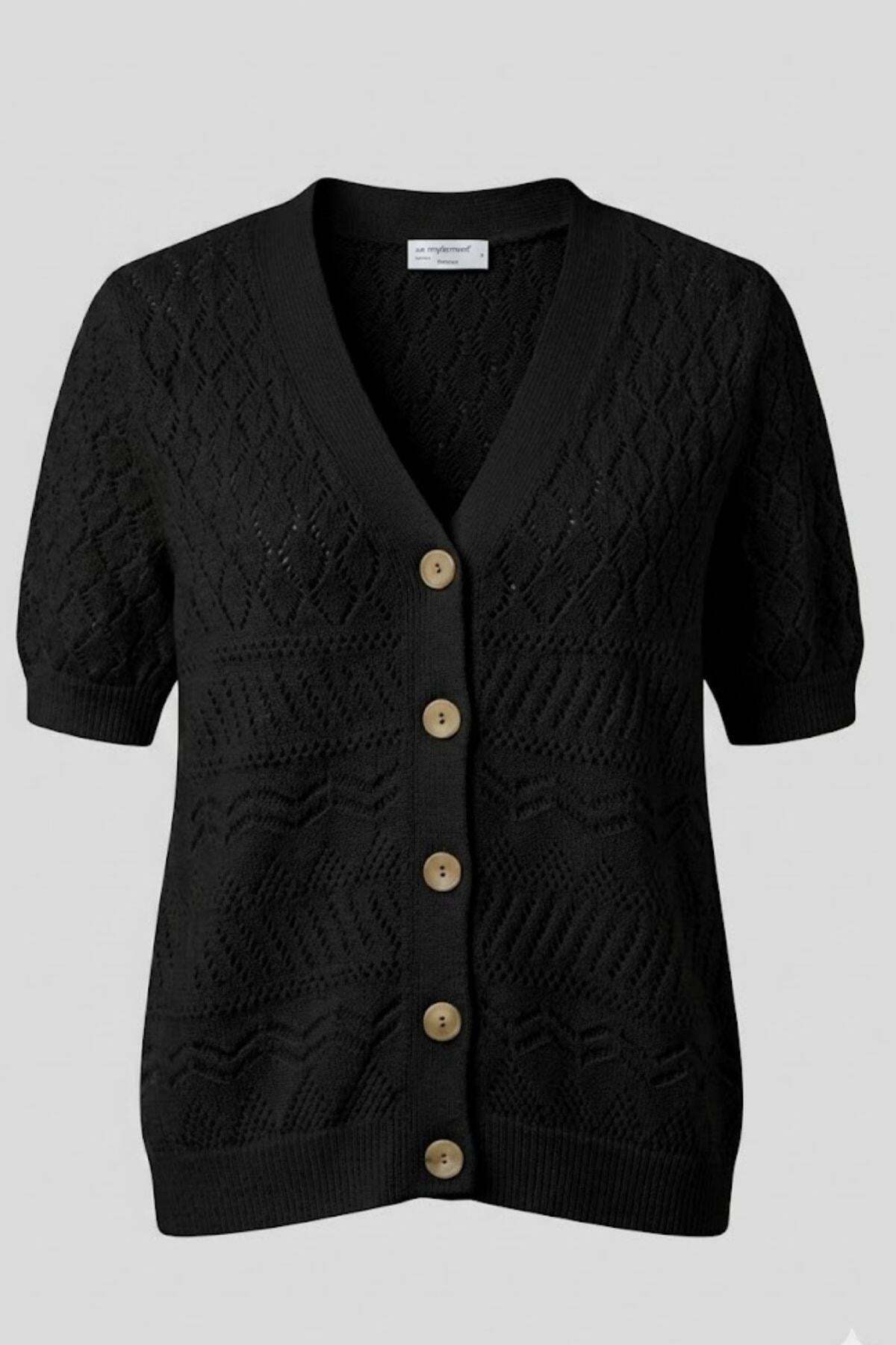 Irmak Kerekli  Kadın Organik Pamuk Ahşap Düğmeli Kısakollu Ajurlu Triko Hırka 7256 Siyah - Görsel 4