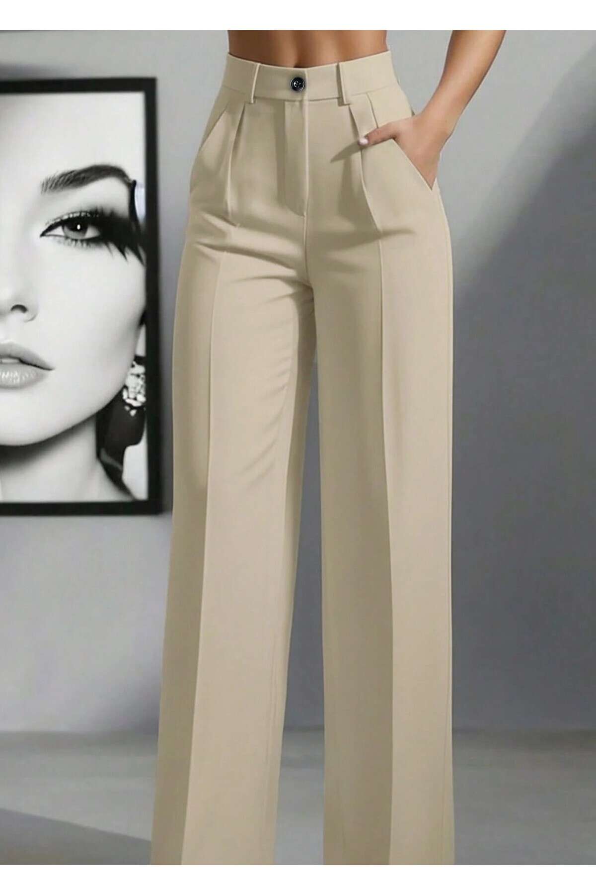 Hera Moda Kadın Bej Yüksek Bel Pileli Bol Kesim Pantolon