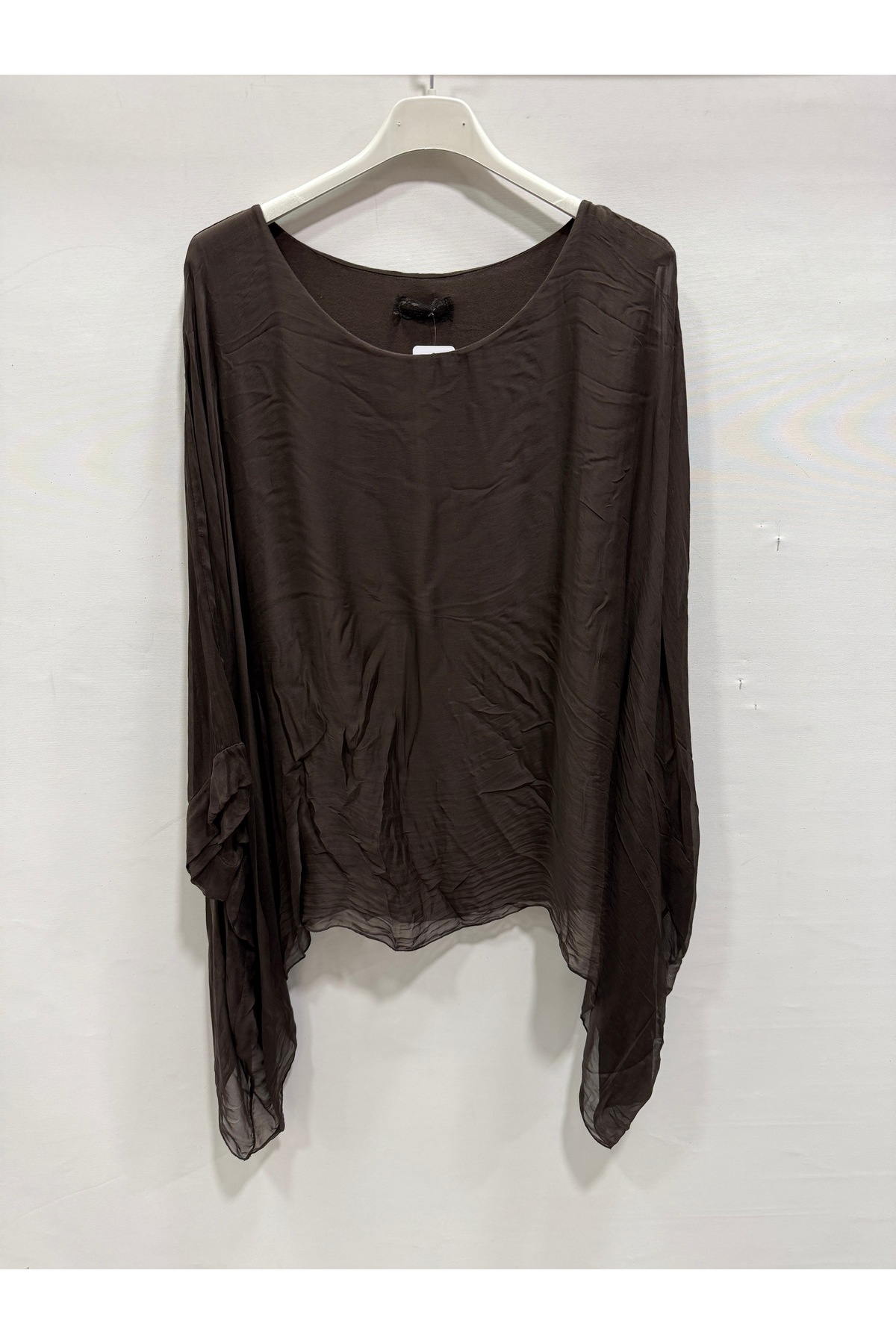 Brown Italian Bat Sleeve Asymmetrical Cut Lined Loose Silk Blouse